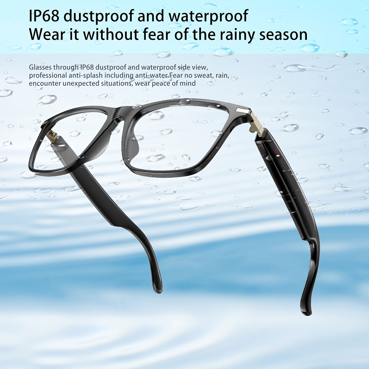 Black eyeglasses with text about dustproof and waterproof features on a water background