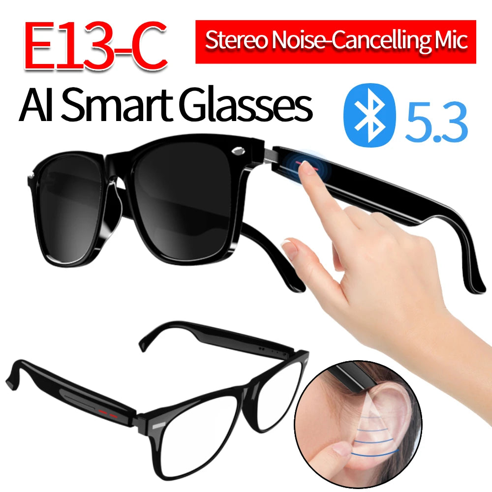 AI Smart Glasses with noise-cancelling mic and Bluetooth 5.3 feature on a white background.
