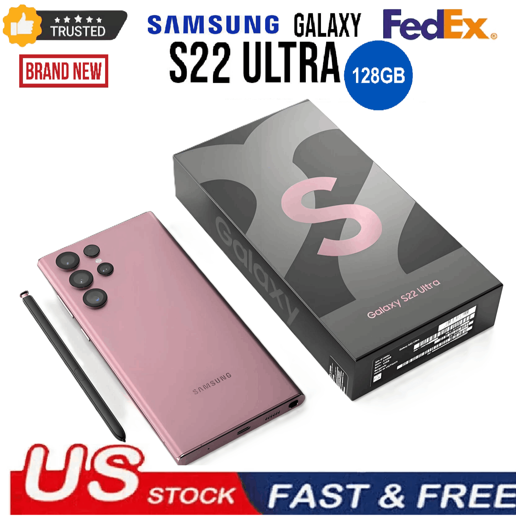 Samsung Galaxy S22 Ultra 5G 128GB (Burgundy) SM-S908U1 | Factory Unlocked | Brand New in Sealed Box | US Model | Android Smartphone with S Pen | Pro-Grade Camera | 6.8" QHD+ AMOLED Display | Snapdragon | Works with All Major iBrightCS