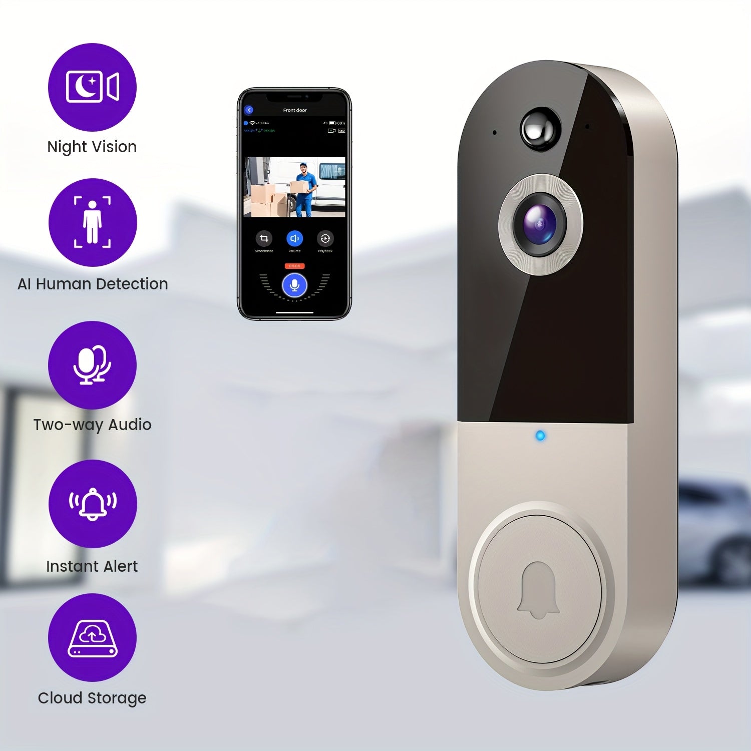 1080P HD Video Doorbell Camera with AI Human Detection, Two-Way Audio, Infrared Night Vision, Cloud & Local Storage, Rechargeable Battery, Wall-Mounted Security Monitoring for Indoor Use, Indoor Security Camera | Sleek Video iBrightCS