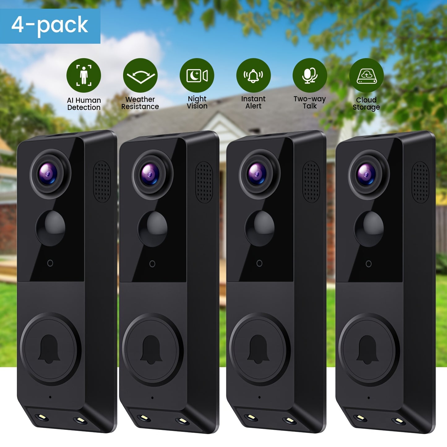 4pcs Multiple Wireless Wi-Fi Video Doorbell Cameras, Night Vision, Two-way Audio, AI Motion Detection And Cloud Storage
