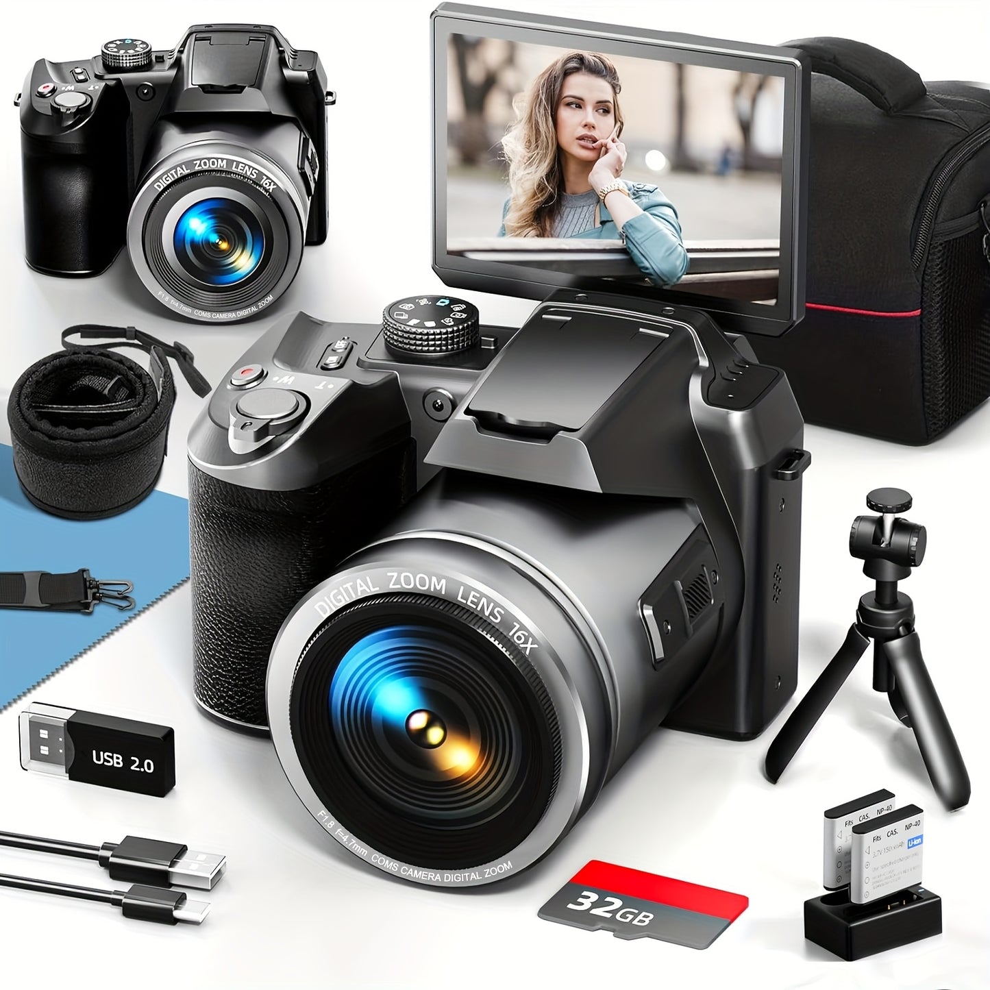 NBD 64MP Digital Camera For Photography, 4K Vlogging Camera With 3' Flip Screen, 16X Digital Zoom, WiFi& Autofocus, Cameras Tripod, 2 Batteries, 32GB TF Card (S200 US Black)