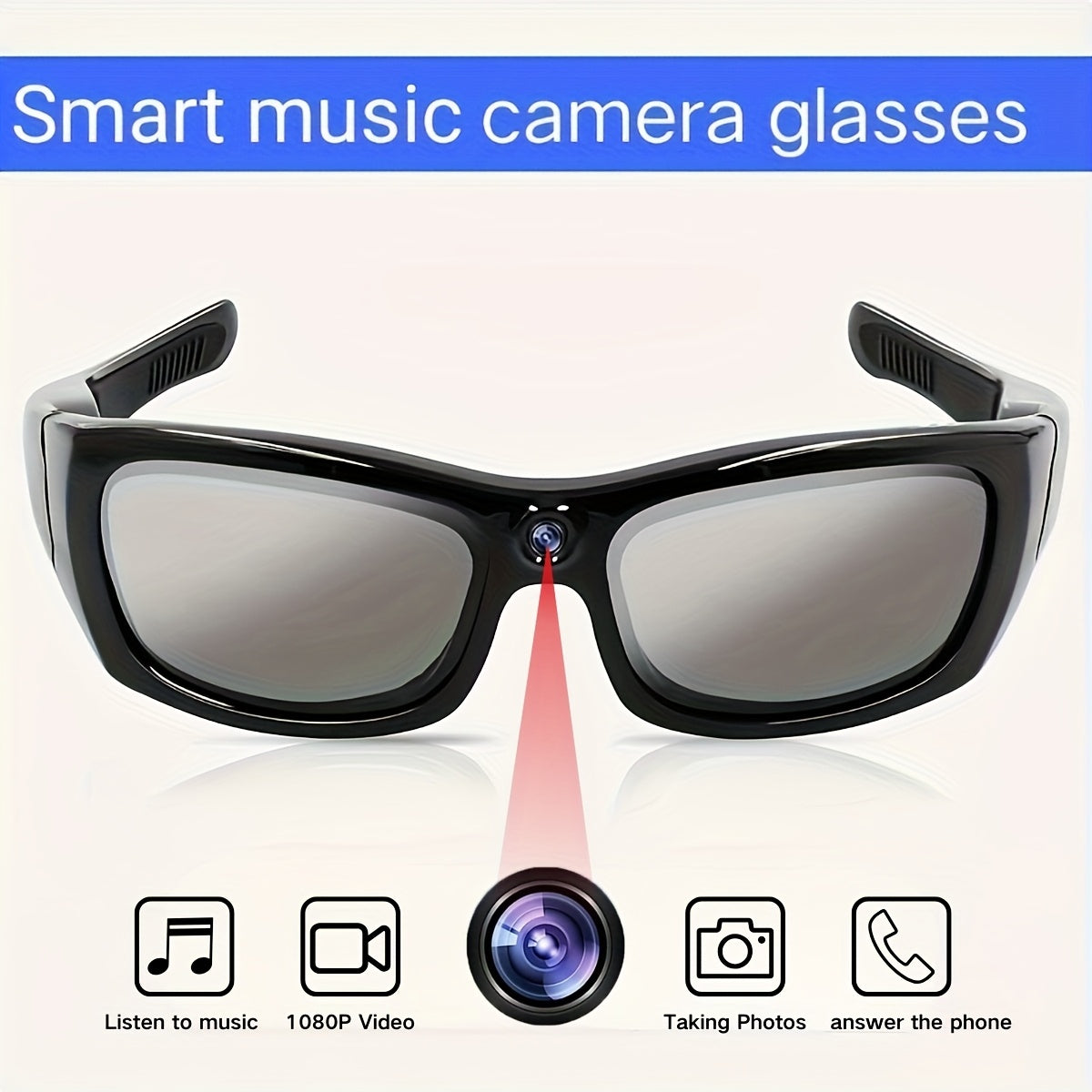 1080P Video Glasses With 64GB Storage Card, Smart Music Glasses, Listening To Music And Answering Phone Calls, Outdoor Sports, Body Camera, Dash Cam, 2-hour Battery Life, Suitable For Cycling, Motorcycle, Car, Fishing - iBrightCS