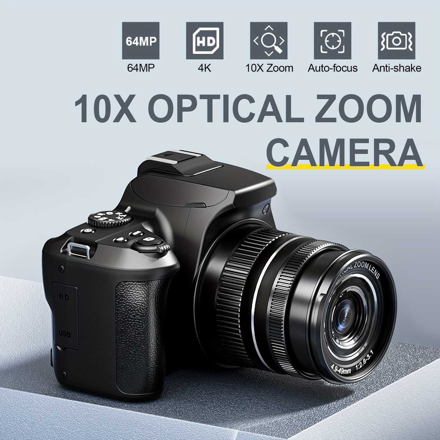 KOMERY W2 Digital Camera, 64MP and 10x Optical Zoom Autofocus Camera, Suitable for Photography and Video, 4K Video Blog Camera for YouTube, with Flash, WiFi Connection, 64GB SD Card, 2 Rechargeable Batteries, Dual Charger, Su