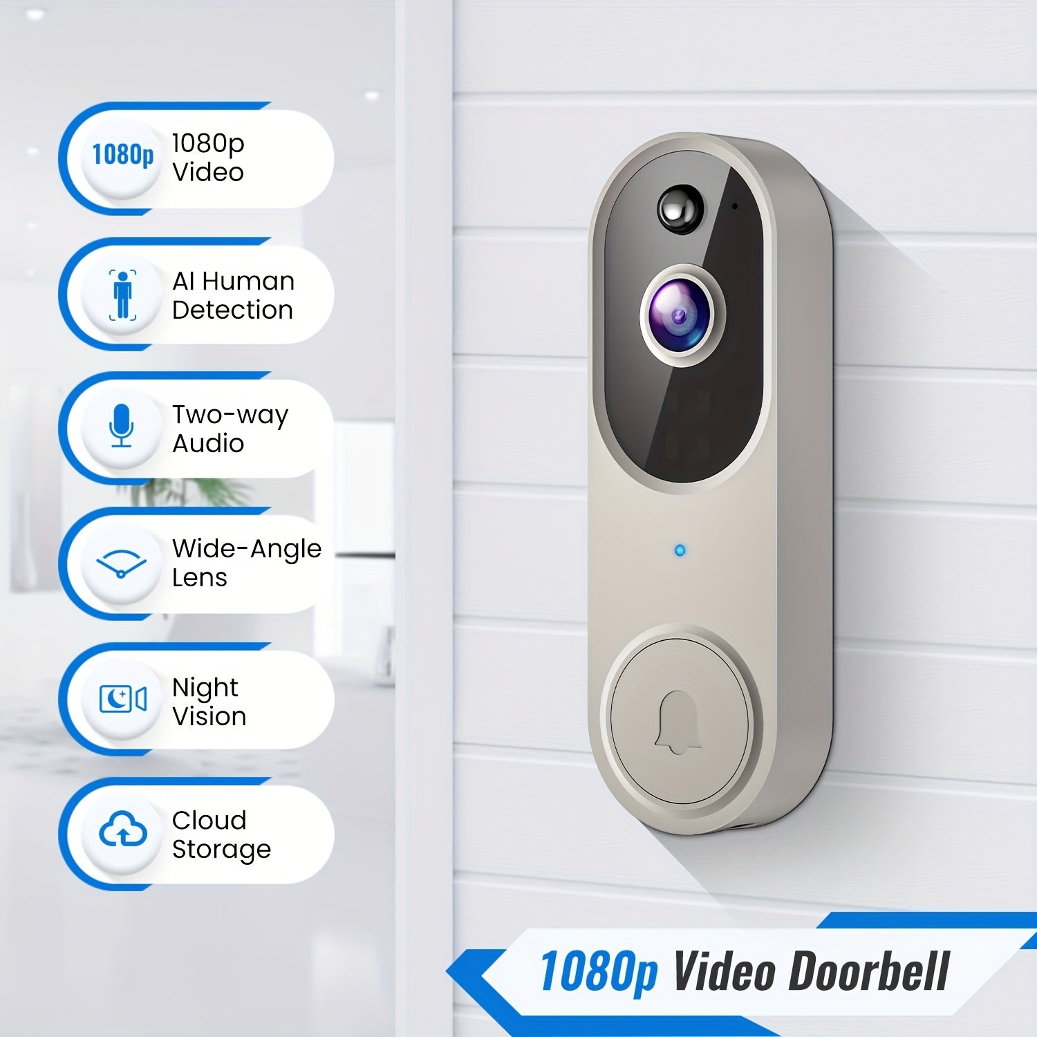 Security Video Doorbell, 1080p FHD And Color Night Vision, Battery-powered, Intelligent AI Detection, Two-way Audio, 2.4G Wi-Fi Support, Cloud Storage (sold Separately) - iBrightCS
