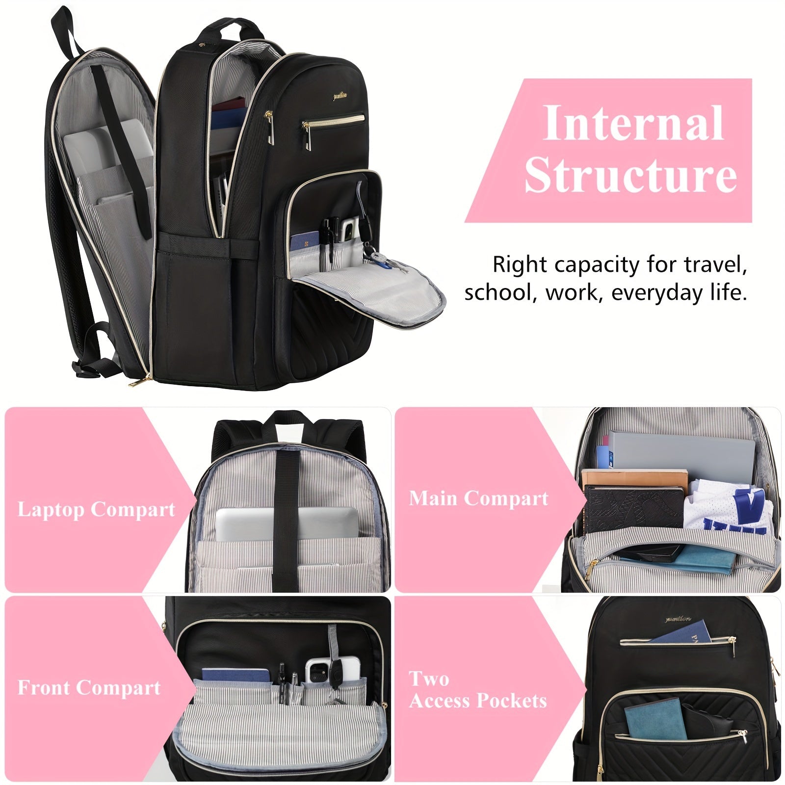 USB-Powered Laptop Backpack for Women, School Backpack for Teen Girls, Business Work Office College Students Teacher, Black Polyester Bookbag, Hand Wash or Dry Clean
