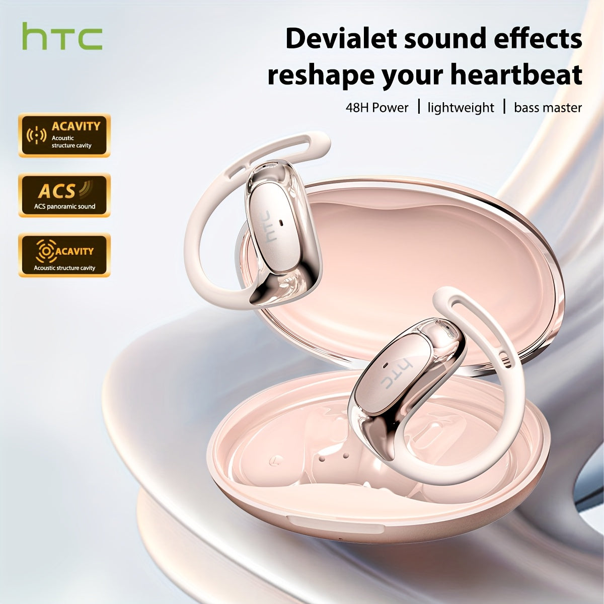 [AI Translation Earbuds] HTC NE35 AI Translation Earbuds | OWS Open-Ear Wireless Headphones, BT V6.0, Noise Reduction, 6.5H Battery, Big Speaker