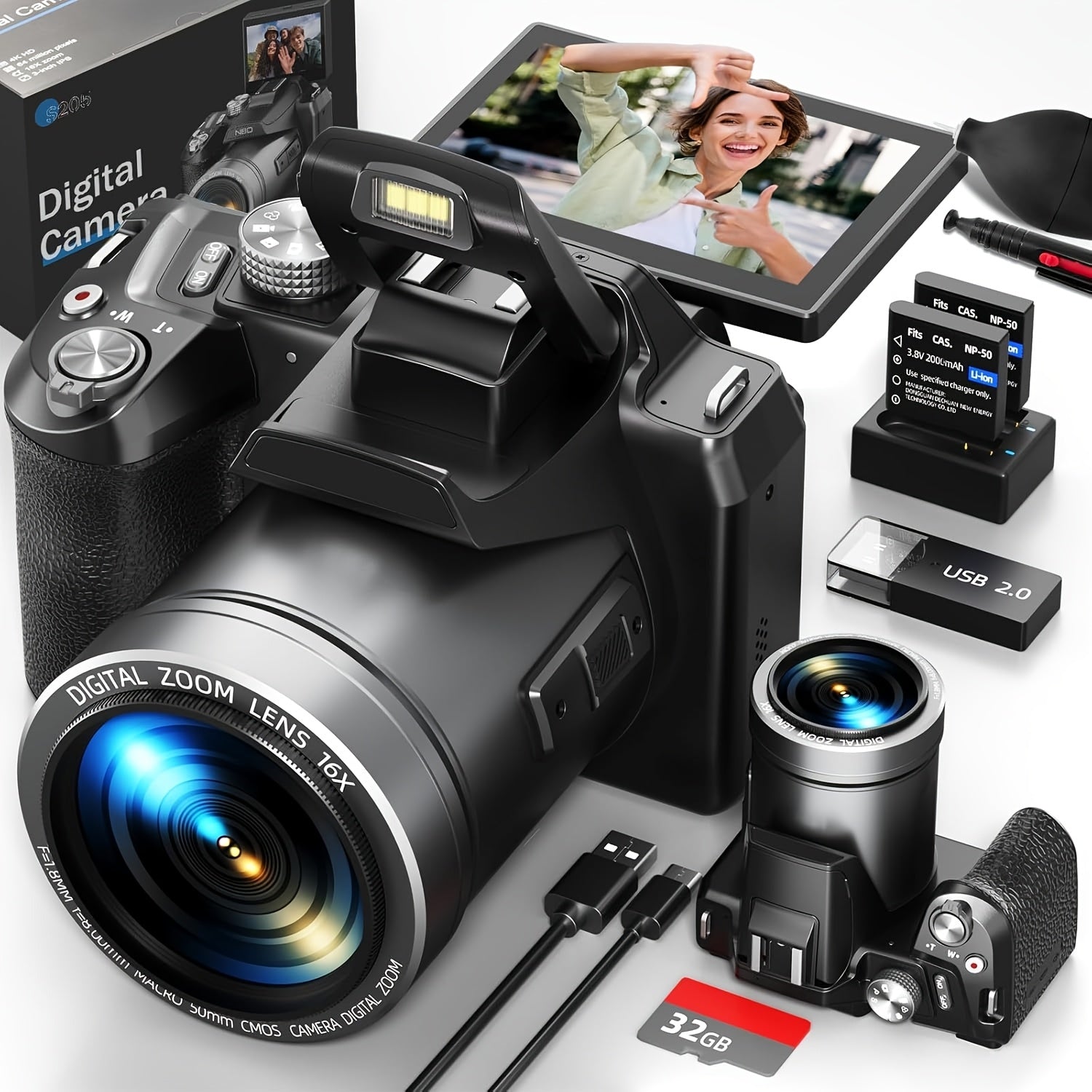 [4K Vlogging] NBD 64MP Digital Camera | 4K Vlogging | 3' Flip Screen | 16X Digital Zoom | WiFi & Autofocus | 2 Batteries | 32GB TF Card