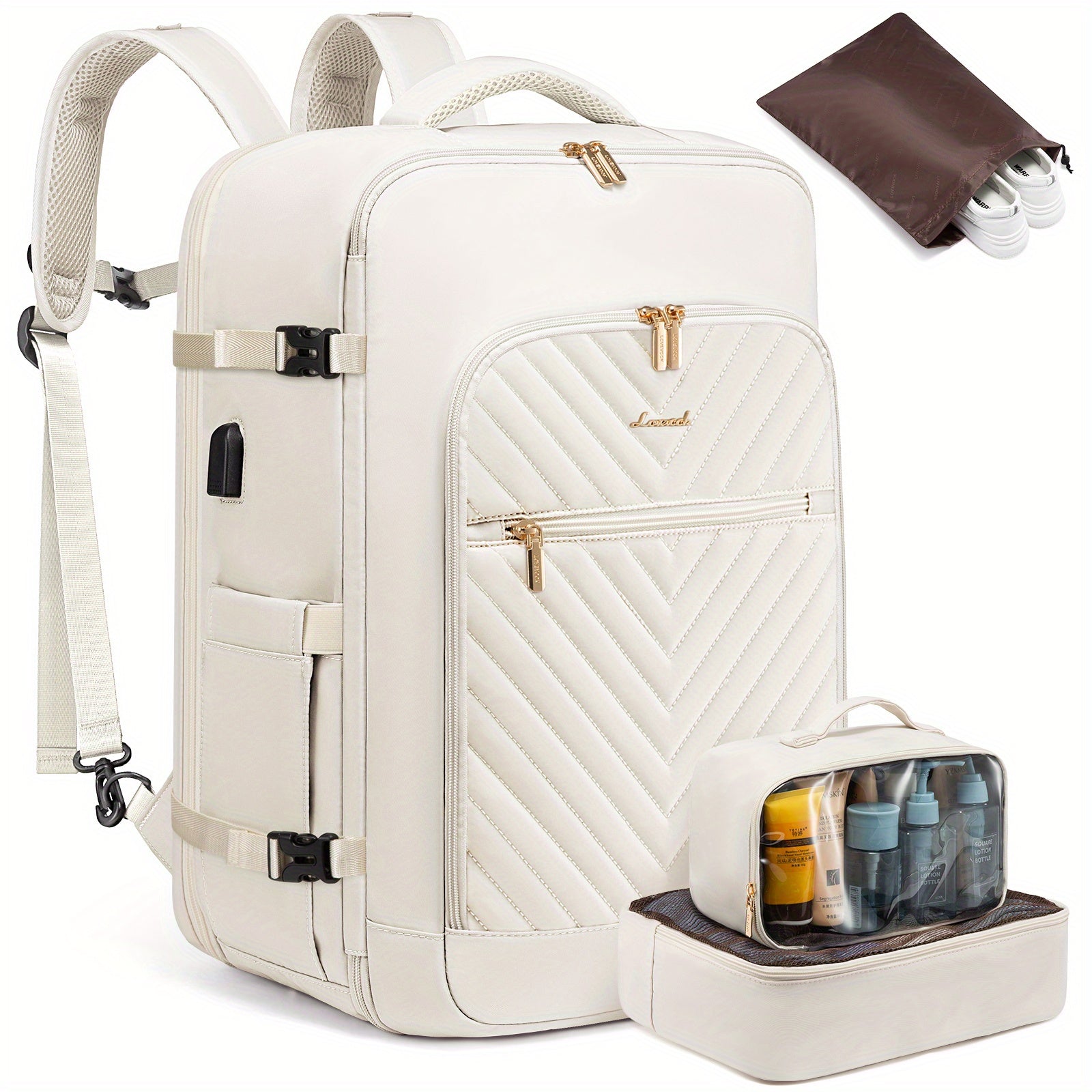 LOVE VOOK Women's Large Travel Backpack - Carry-On Flight Approved with Shoe Bag, 17" Laptop Compartment, 2 Storage Containers, TSA-Fit Durable Polyester, Adjustable Shoulder Straps & Golden Zipper Accents for Gym, Travel, Wo