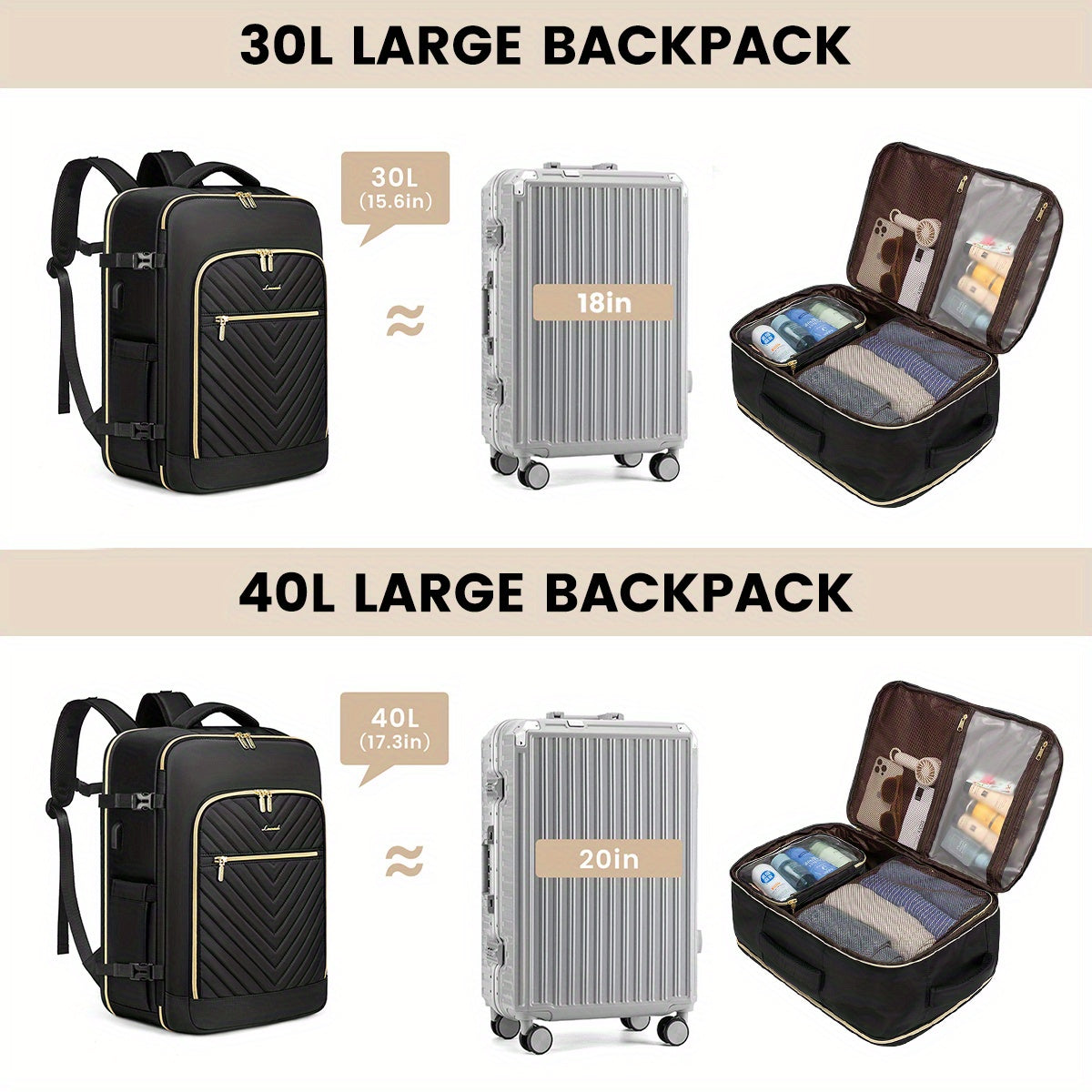 LOVE VOOK Women's Large Travel Backpack - Carry-On Flight Approved with Shoe Bag, 17" Laptop Compartment, 2 Storage Containers, TSA-Fit Durable Polyester, Adjustable Shoulder Straps & Golden Zipper Accents for Gym, Travel, Wo