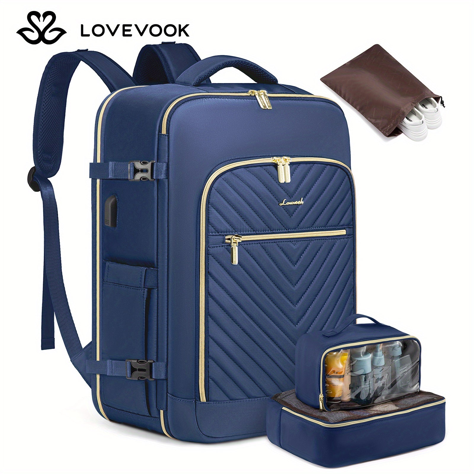 LOVE VOOK Women's Large Travel Backpack - Carry-On Flight Approved with Shoe Bag, 17" Laptop Compartment, 2 Storage Containers, TSA-Fit Durable Polyester, Adjustable Shoulder Straps & Golden Zipper Accents for Gym, Travel, Wo