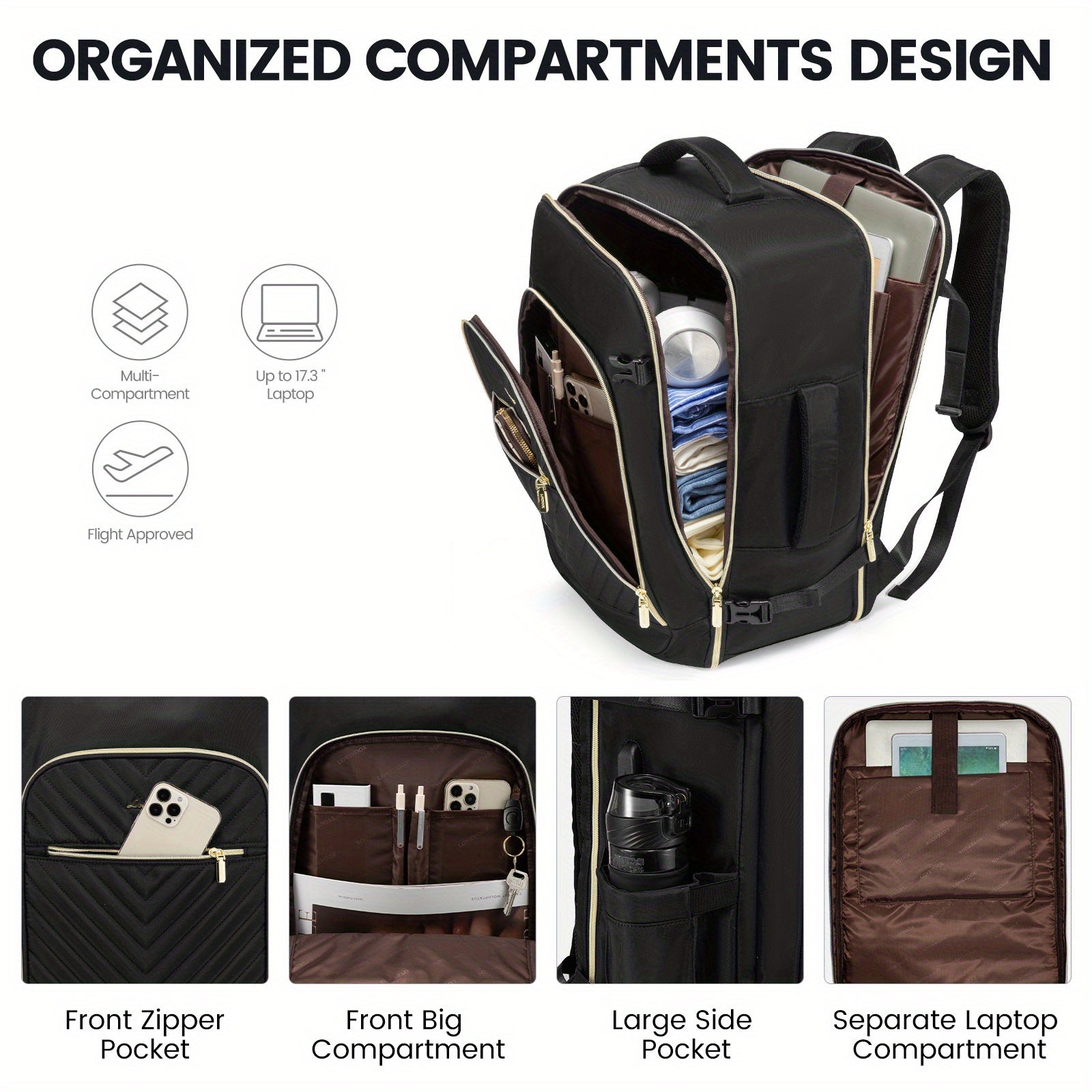 LOVE VOOK Women's Large Travel Backpack - Carry-On Flight Approved with Shoe Bag, 17" Laptop Compartment, 2 Storage Containers, TSA-Fit Durable Polyester, Adjustable Shoulder Straps & Golden Zipper Accents for Gym, Travel, Wo