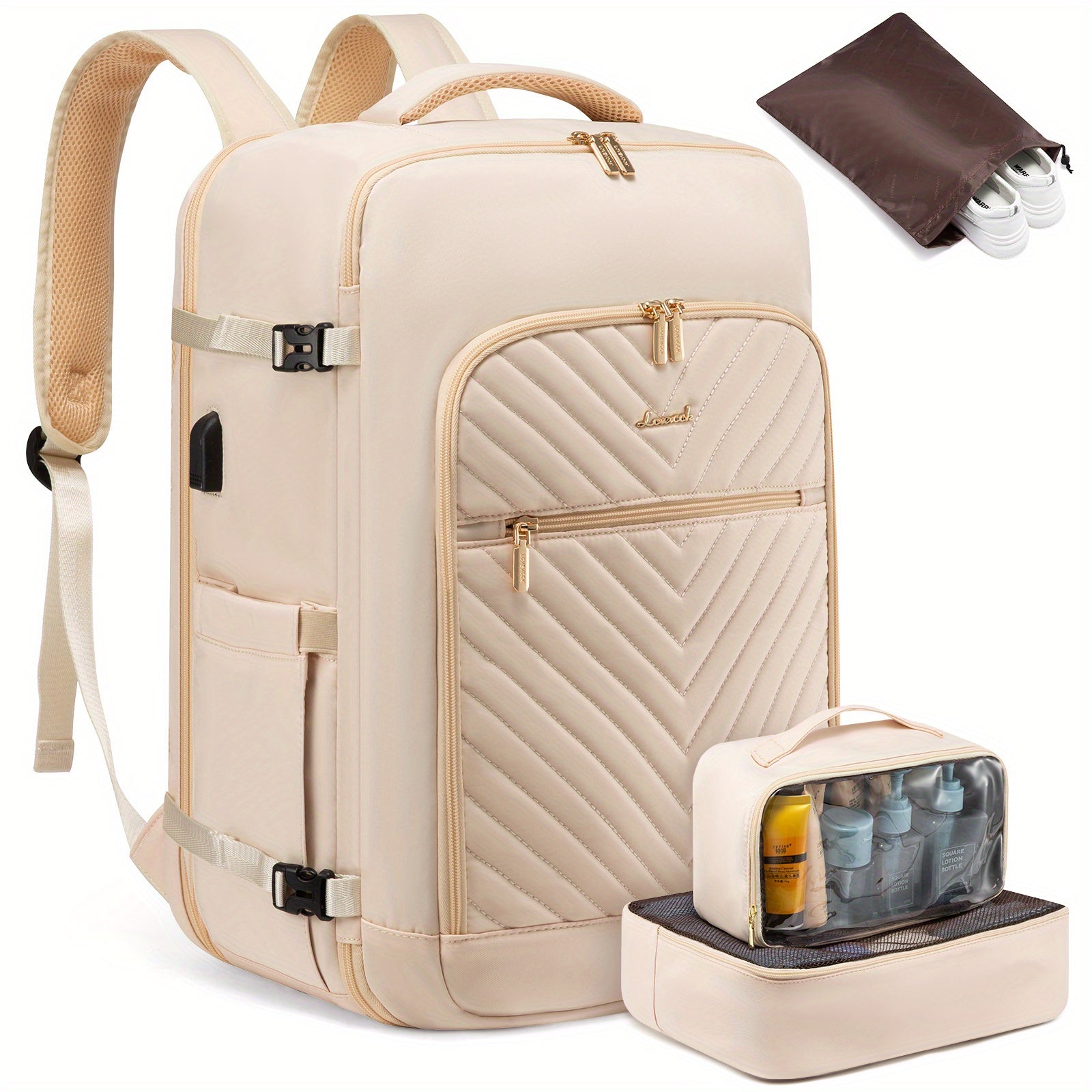 LOVE VOOK Women's Large Travel Backpack - Carry-On Flight Approved with Shoe Bag, 17" Laptop Compartment, 2 Storage Containers, TSA-Fit Durable Polyester, Adjustable Shoulder Straps & Golden Zipper Accents for Gym, Travel, Wo