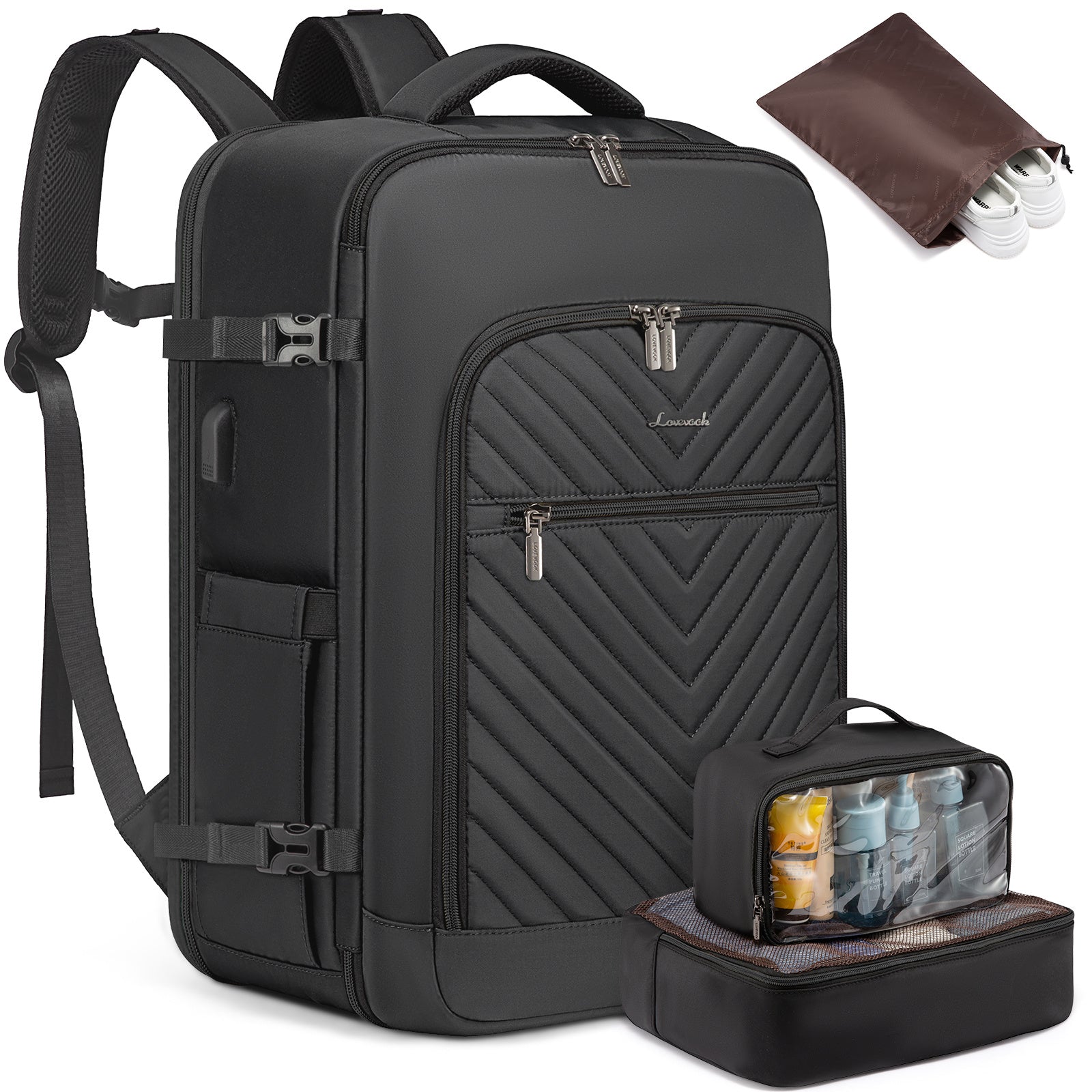 LOVE VOOK Women's Large Travel Backpack - Carry-On Flight Approved with Shoe Bag, 17" Laptop Compartment, 2 Storage Containers, TSA-Fit Durable Polyester, Adjustable Shoulder Straps & Golden Zipper Accents for Gym, Travel, Wo