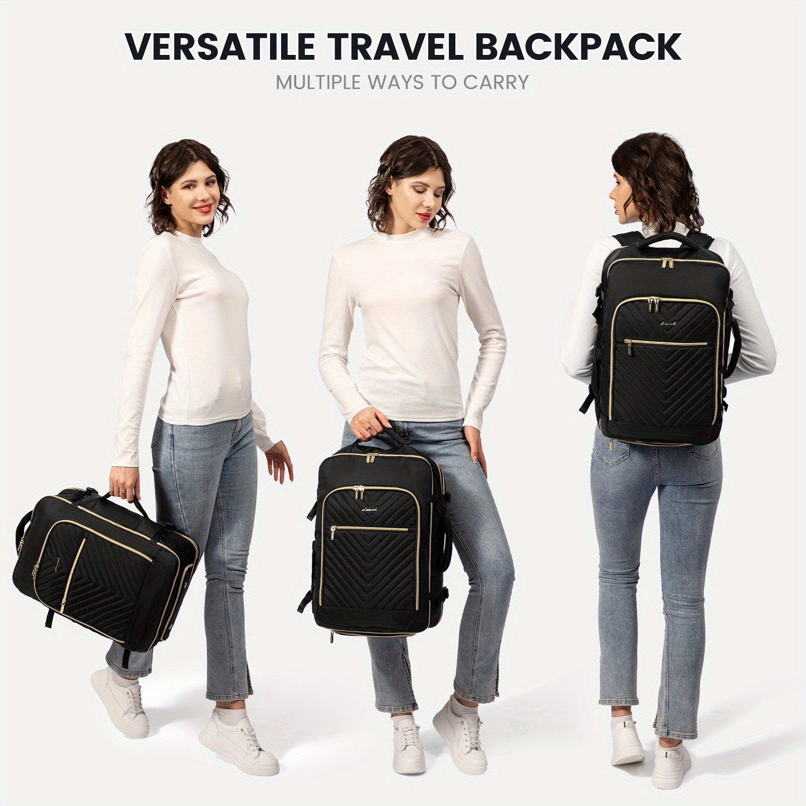 LOVE VOOK Women's Large Travel Backpack - Carry-On Flight Approved with Shoe Bag, 17" Laptop Compartment, 2 Storage Containers, TSA-Fit Durable Polyester, Adjustable Shoulder Straps & Golden Zipper Accents for Gym, Travel, Wo