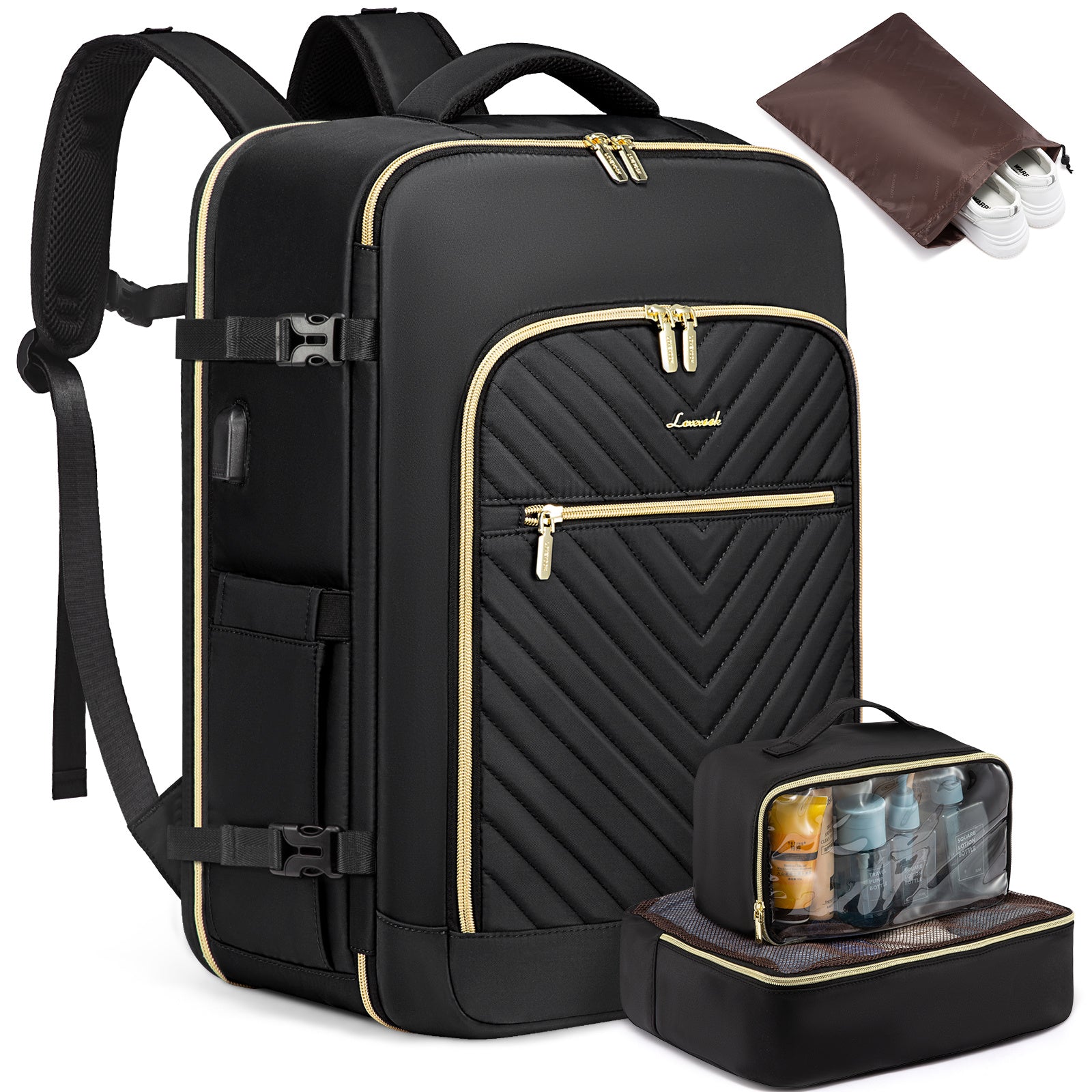LOVE VOOK Women's Large Travel Backpack - Carry-On Flight Approved with Shoe Bag, 17" Laptop Compartment, 2 Storage Containers, TSA-Fit Durable Polyester, Adjustable Shoulder Straps & Golden Zipper Accents for Gym, Travel, Wo