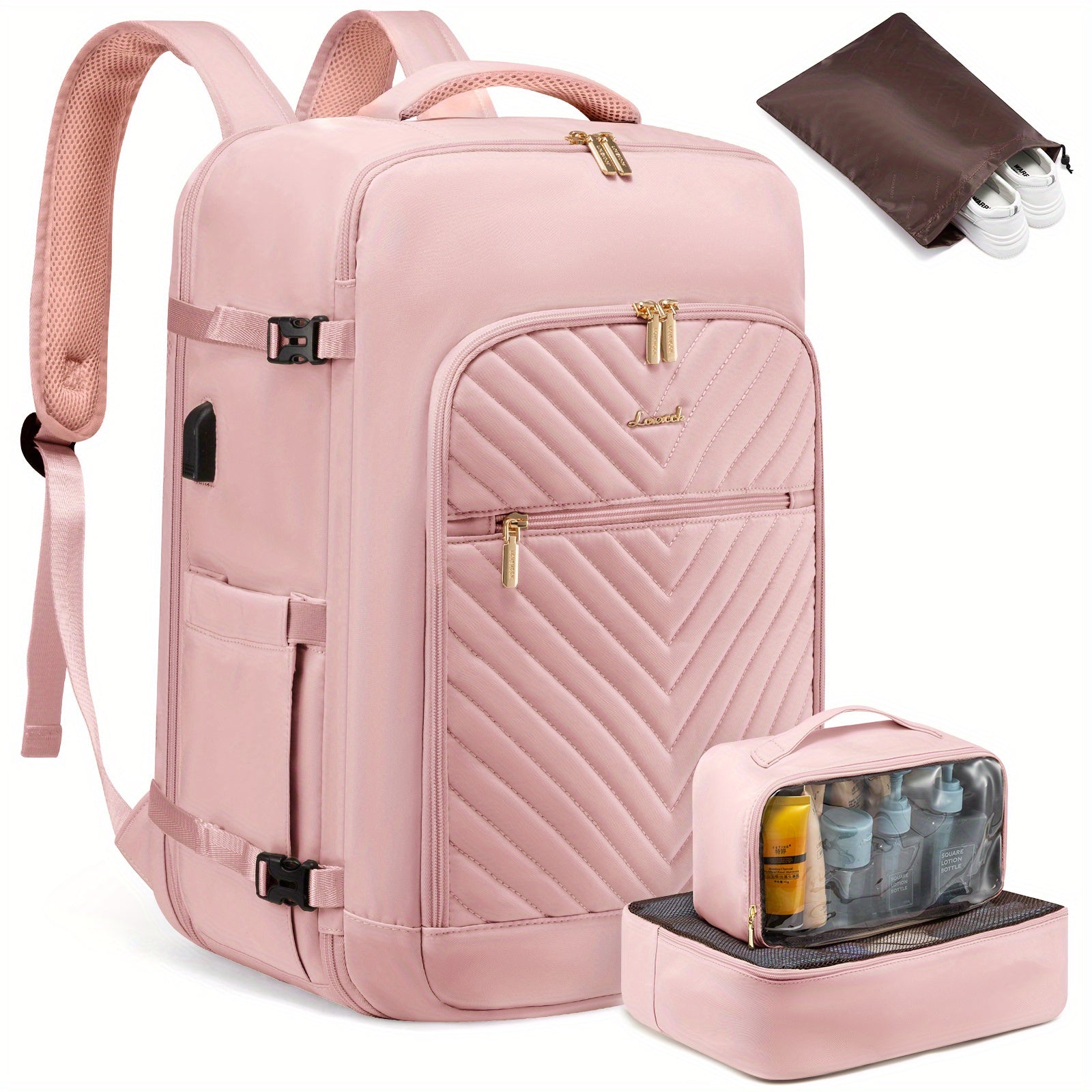 LOVE VOOK Women's Large Travel Backpack - Carry-On Flight Approved with Shoe Bag, 17" Laptop Compartment, 2 Storage Containers, TSA-Fit Durable Polyester, Adjustable Shoulder Straps & Golden Zipper Accents for Gym, Travel, Wo