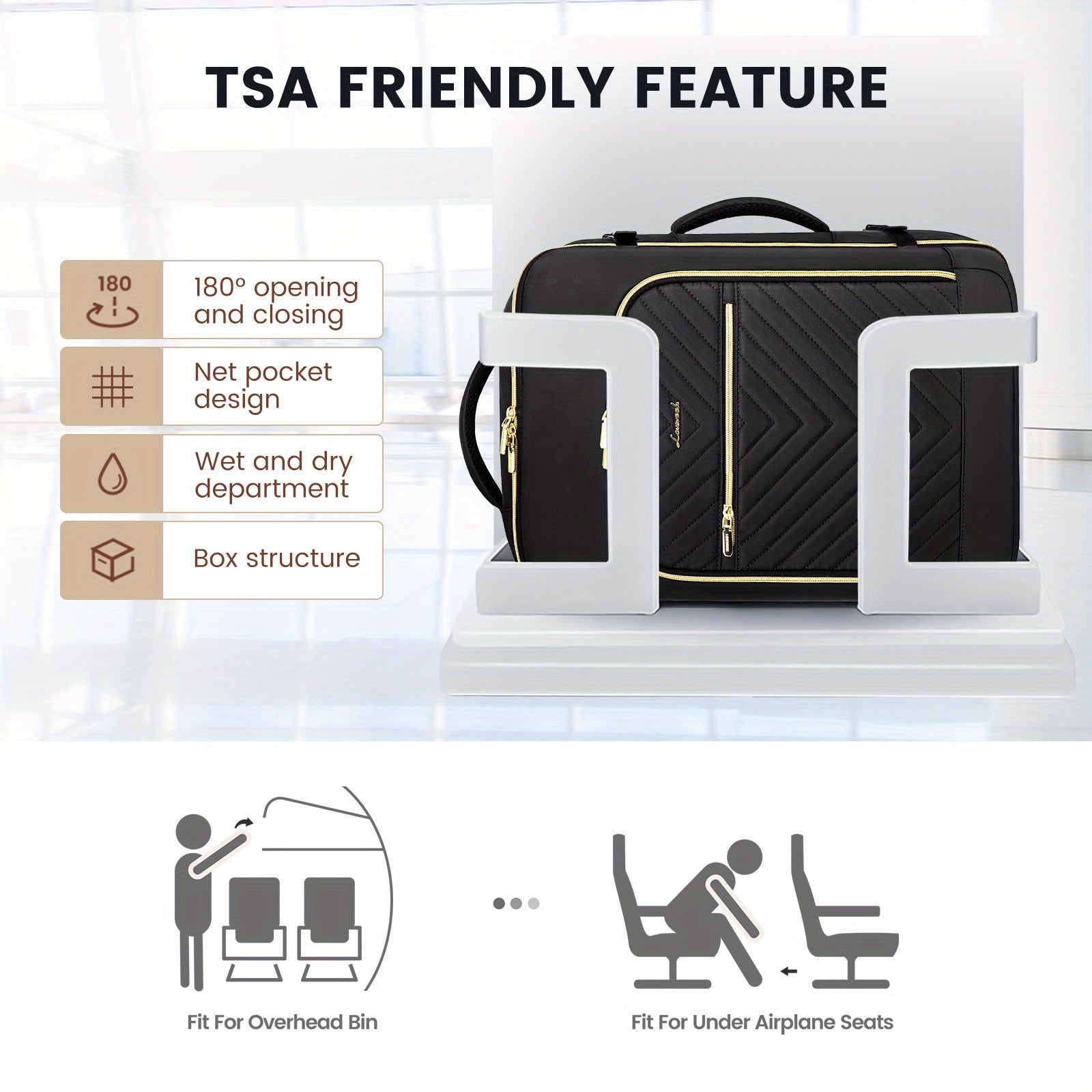 LOVE VOOK Women's Large Travel Backpack - Carry-On Flight Approved with Shoe Bag, 17" Laptop Compartment, 2 Storage Containers, TSA-Fit Durable Polyester, Adjustable Shoulder Straps & Golden Zipper Accents for Gym, Travel, Wo