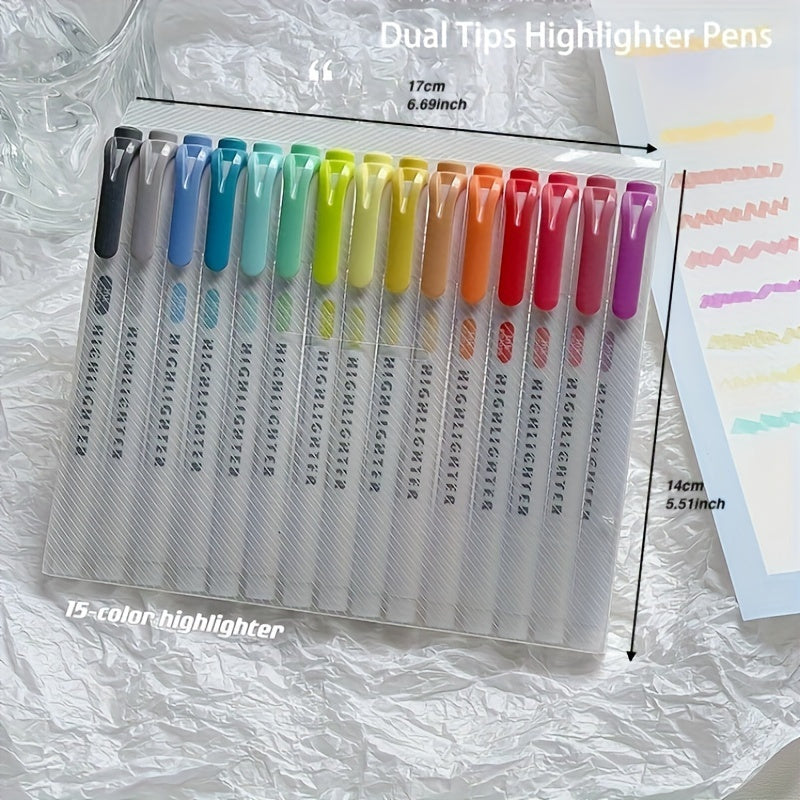 15pcs Dual Tip Highlighter, Dual Tip Mild Color Highlighter Marker for Coloring, Underlining, Marking, Wide Fine Tip Design