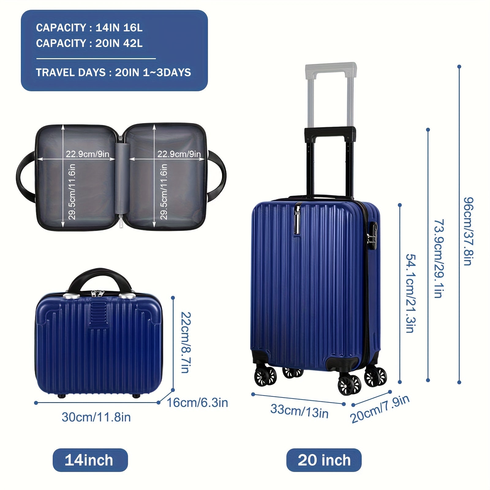 2pcs 14" And 20" Hardside Spinner Luggage Set, TSA-Approved Lightweight Carry-On Suitcases with 360° Wheels, Durable PC+ABS Shell for Business Travel, Weekend Trips And Airplane Use