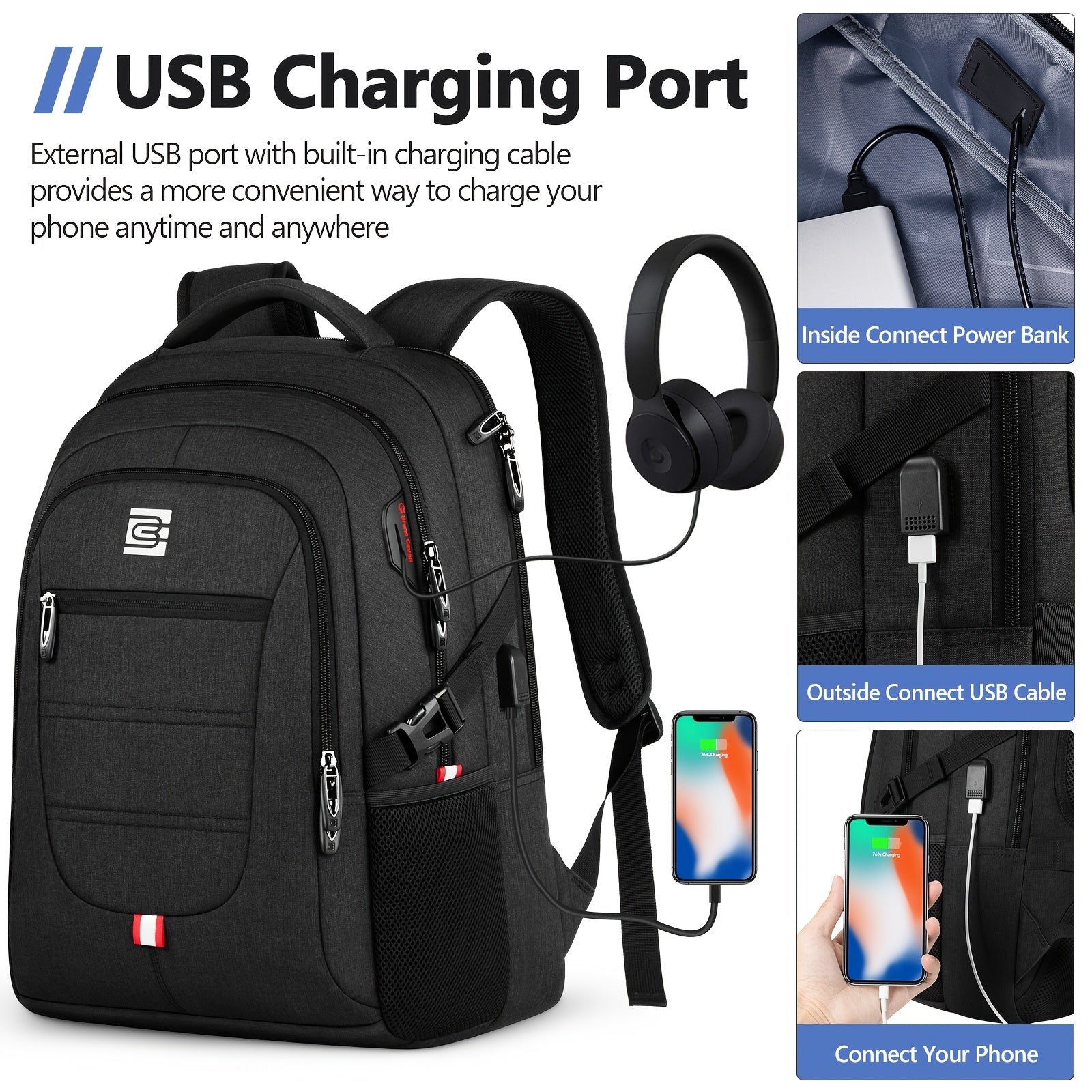 Laptop Backpack for Men Women, Business Travel Laptop Backpack with USB Charging Port, College Bag Daypack for Work, Business Computer Backpack Bag Fit 15.6 Inch Laptop (Black, Blue, Light Grey 15.6 Inch)