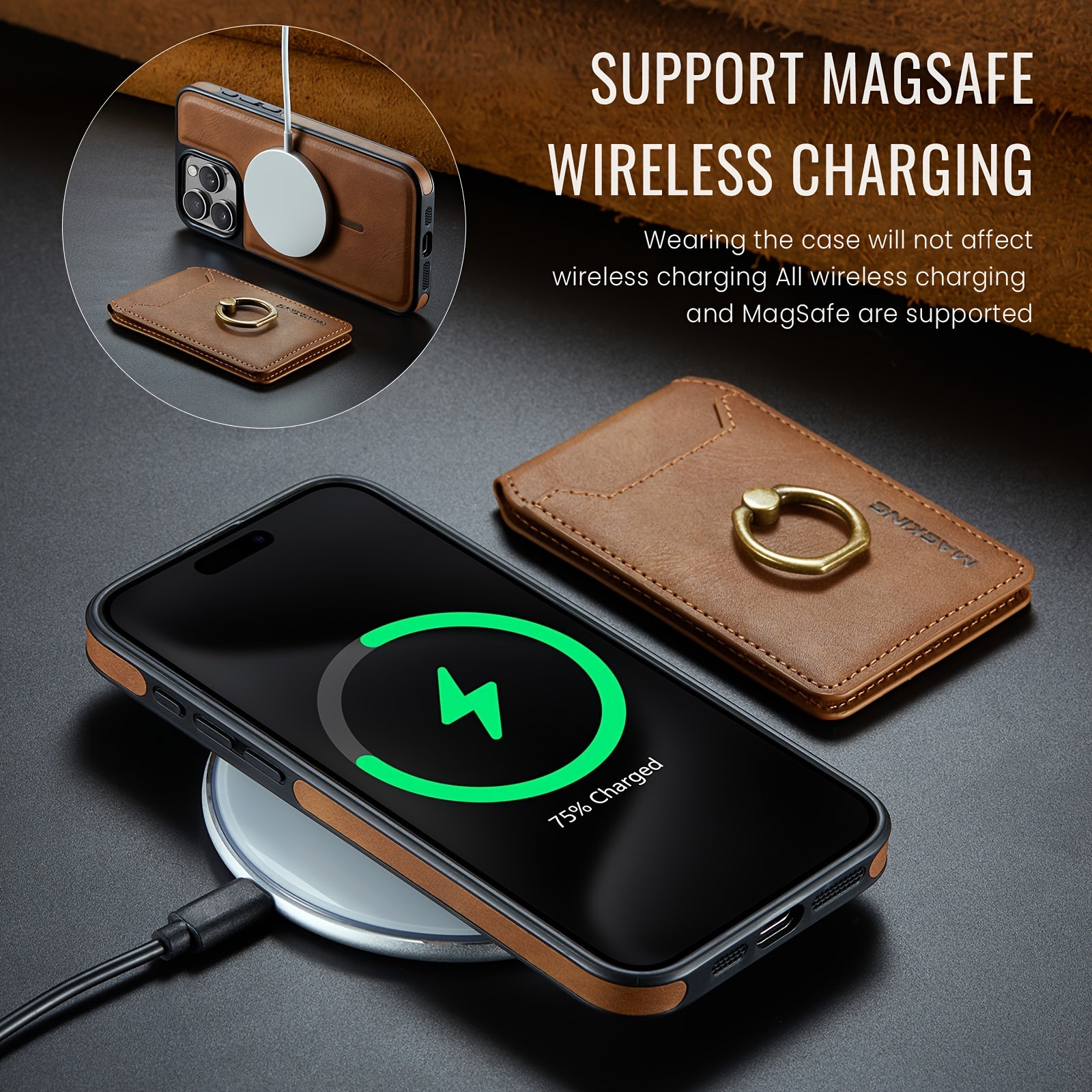 [1pc 2-In-1Phone Case] Detachable Phone Case Compatible with Wireless Charging Magnetic Card Slots Holder Wallet Kickstand Cover for iPhone 16/15/14/13/12 Pro Max Plus with RFID Blocking And Flexible Ring Camera Protective Ca - iBrightCS