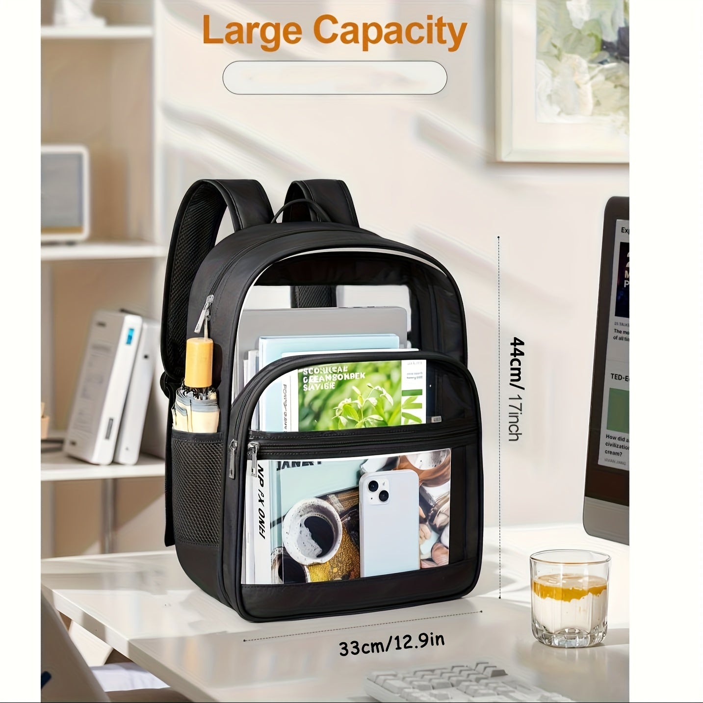 Heavy-Duty Transparent Backpack - Clear School Bag with Reinforced Straps, Lightweight PVC Backpack for College, Travel, Work - Zipper Closure, Adjustable Shoulder Straps - Compatible with Laptop, Books, Water Bottle - Ideal - iBrightCS
