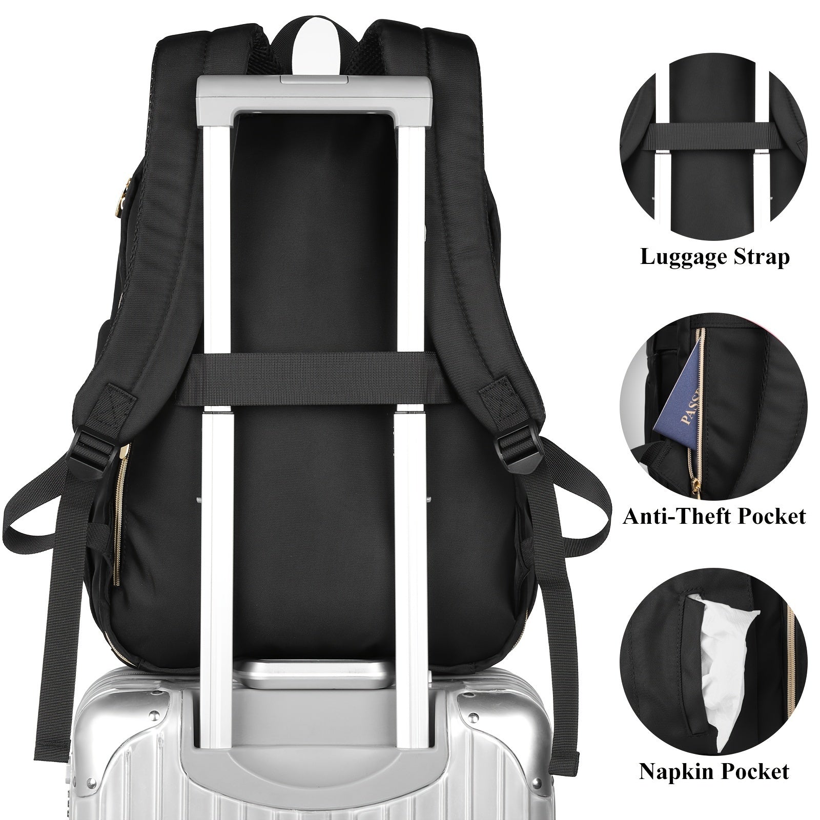 USB-Powered Laptop Backpack for Women, School Backpack for Teen Girls, Business Work Office College Students Teacher, Black Polyester Bookbag, Hand Wash or Dry Clean