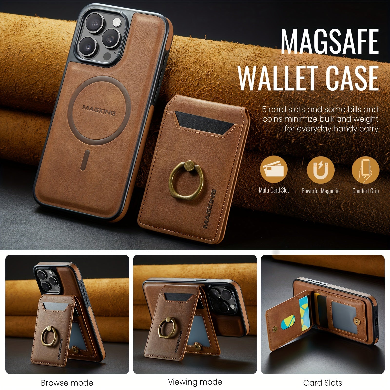 [1pc 2-In-1Phone Case] Detachable Phone Case Compatible with Wireless Charging Magnetic Card Slots Holder Wallet Kickstand Cover for iPhone 16/15/14/13/12 Pro Max Plus with RFID Blocking And Flexible Ring Camera Protective Ca - iBrightCS