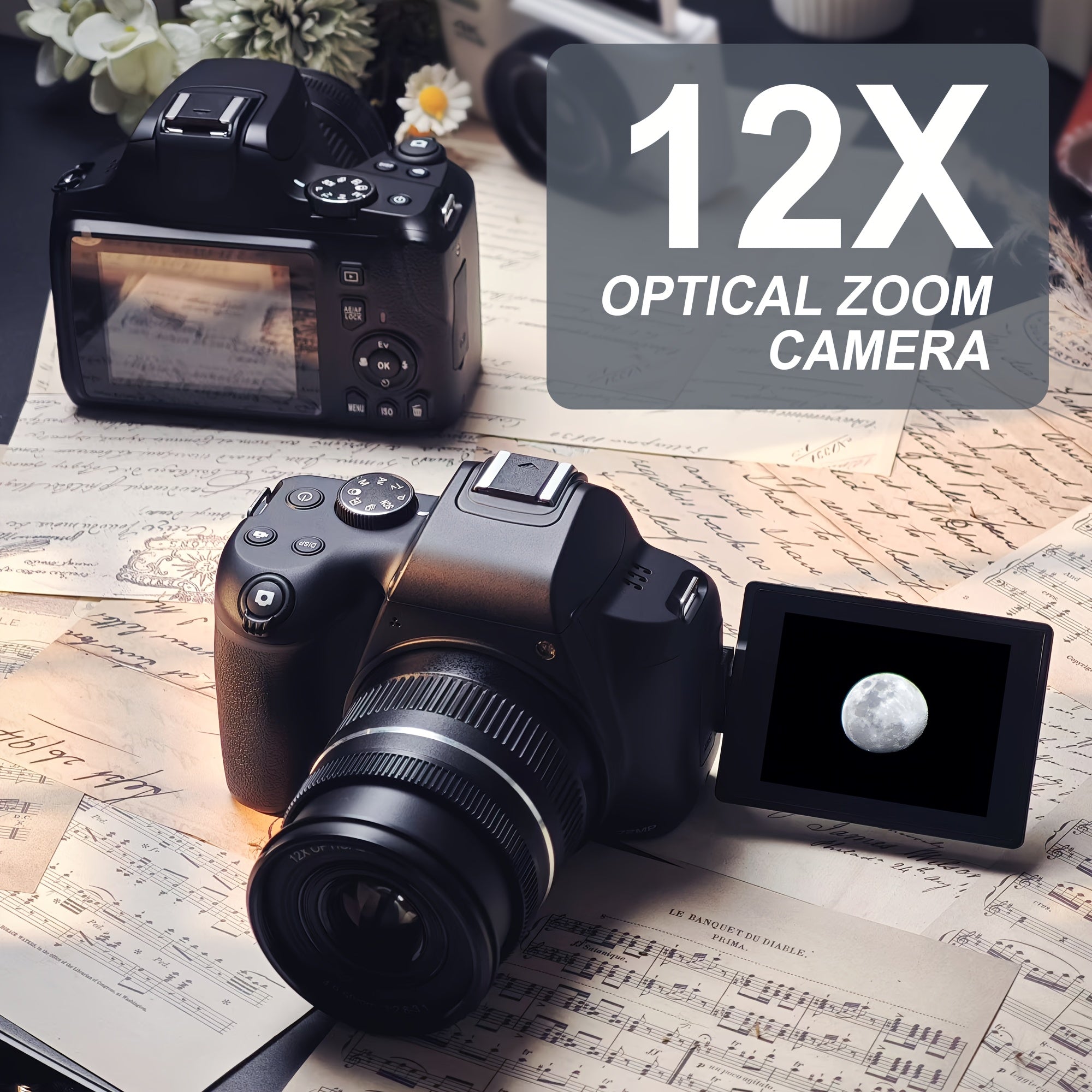 KOMERY W3 Digital Camera, 72MP And 12x Optical Zoom Autofocus Camera, Suitable For Photography And Video, 4K Video Blog Camera For YouTube, With 270° Flip Screen, Flash Light, WiFi Connection, 64GB SD Card, 2 Rechargeable Ba - iBrightCS