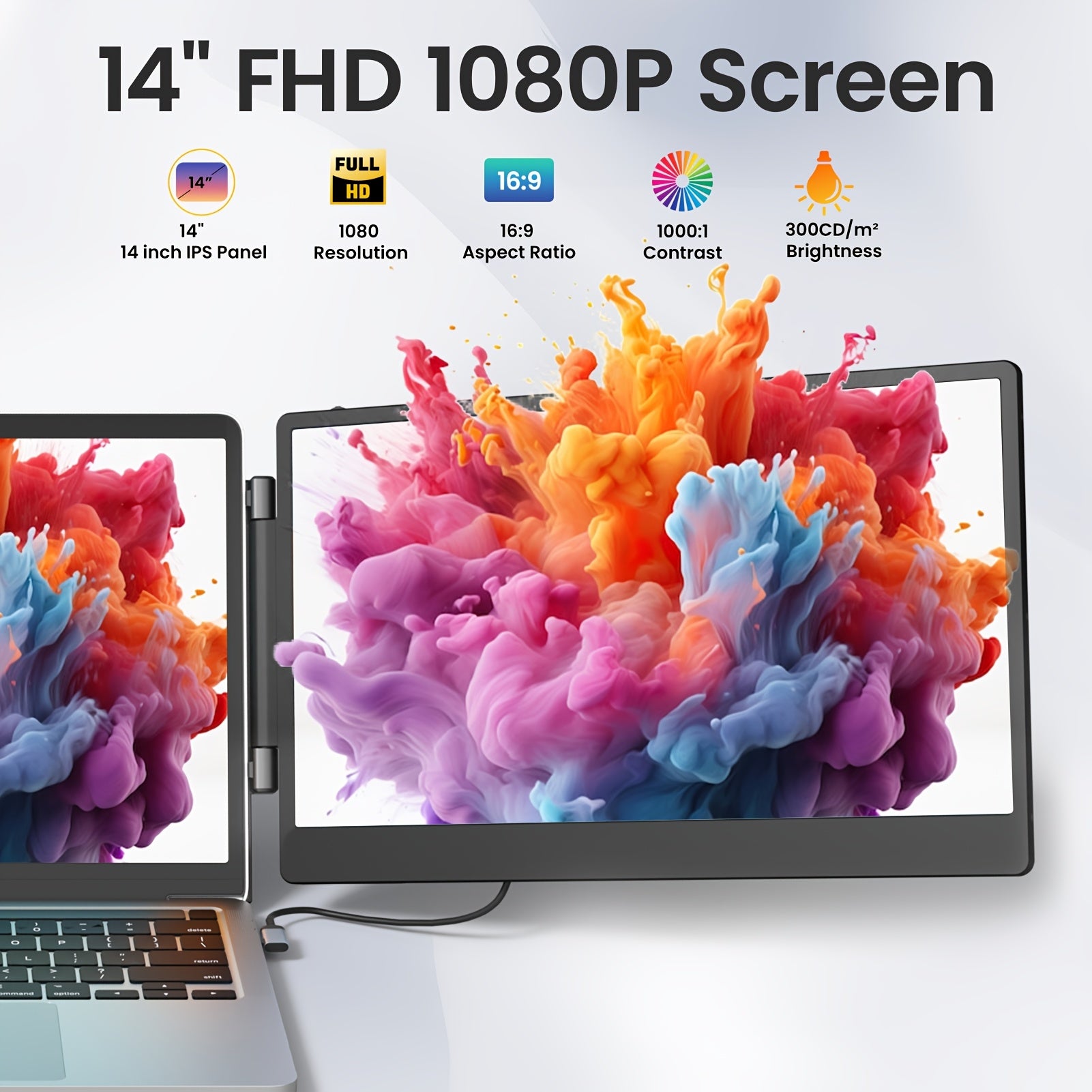 Laptop Screen Extender, 14" FHD 1080P IPS Laptop Monitor Extender Triple Screen, Portable Monitor for Laptops 13-16.5" with USB-C Port, Plug&Play for Windows/Mac/Android/Switch/PS5