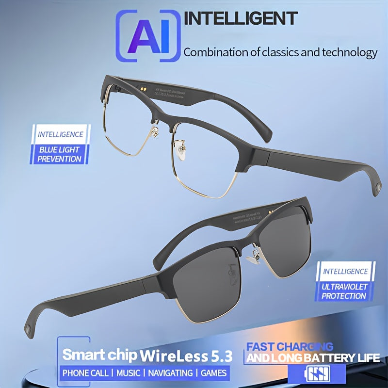 OnsetGizmo AI Artificial Intelligence Translation Wireless Glasses/fashion Glasses Headset, Support 144 Languages, Smart Glasses, Touch Control, Built-in Microphone, High-resolution Audio, Wireless, Rechargeable Battery, Anti
