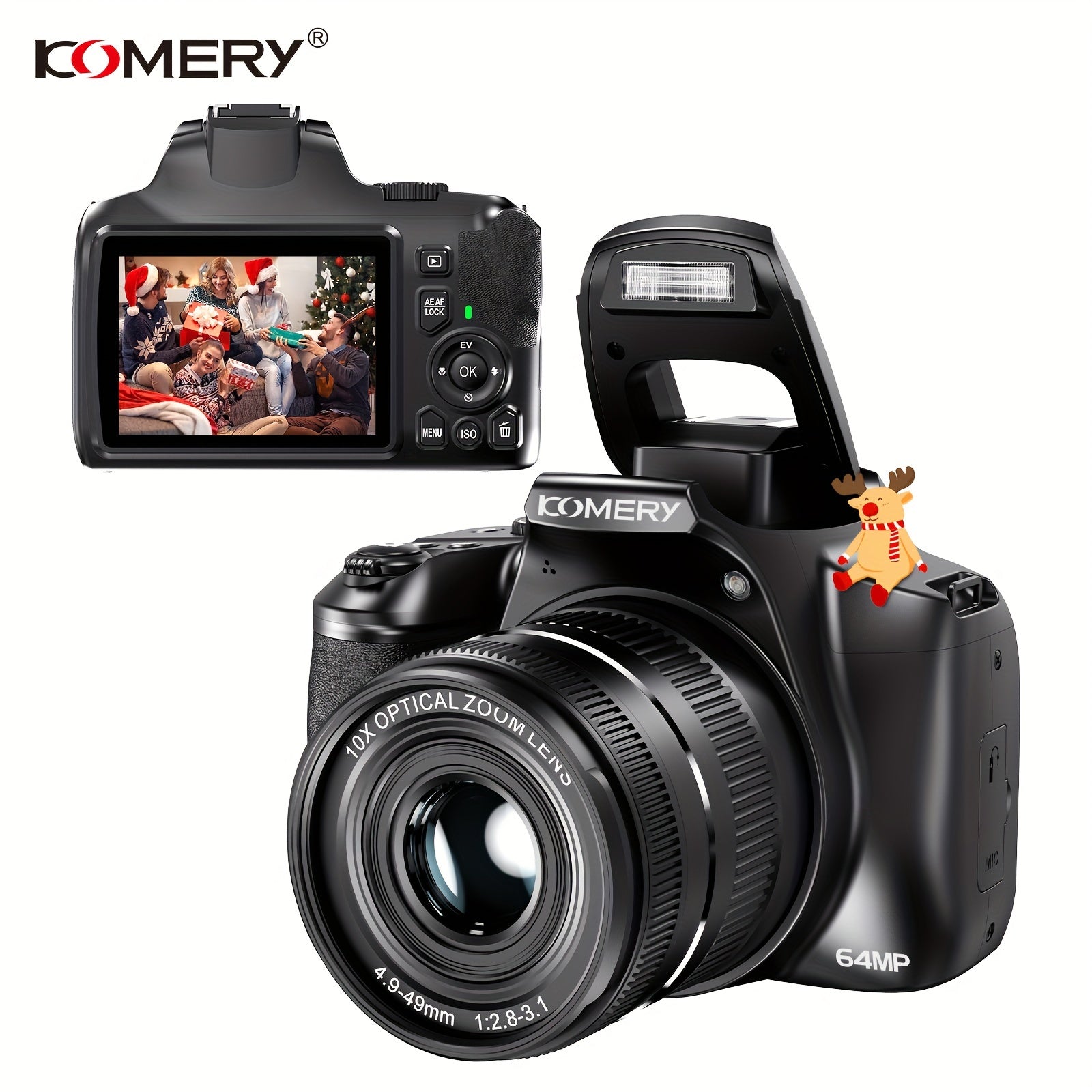 KOMERY W2 Digital Camera, 64MP and 10x Optical Zoom Autofocus Camera, Suitable for Photography and Video, 4K Video Blog Camera for YouTube, with Flash, WiFi Connection, 64GB SD Card, 2 Rechargeable Batteries, Dual Charger, Su - iBrightCS