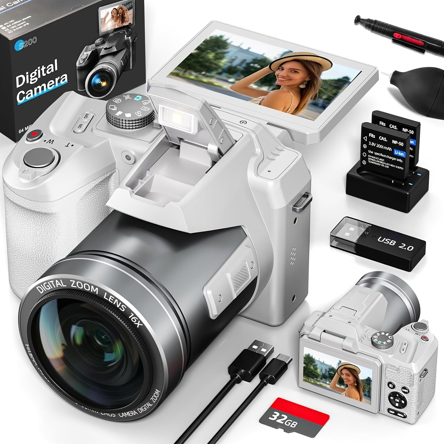 NBD 64MP Digital Camera for Photography, 5K Vlogging Camera for YouTube with 3" Flip Screen, 16X Digital Zoom, Autofocus, 2 Batteries, 32GB TF Card(S205, Black) - iBrightCS