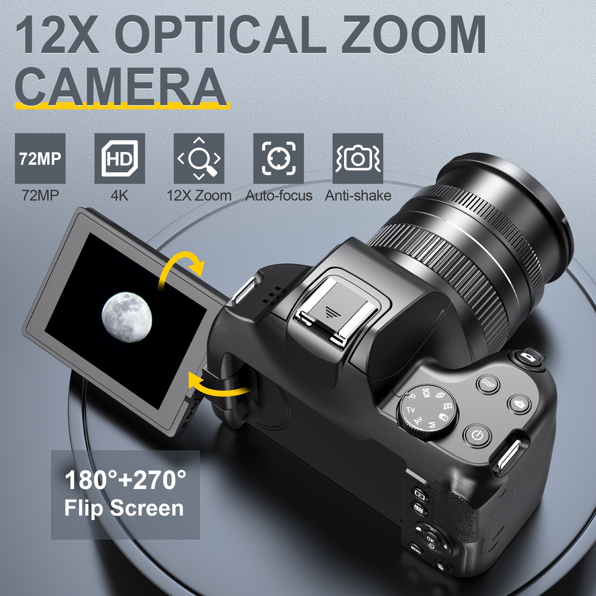 KOMERY W3 Digital Camera, 72MP And 12x Optical Zoom Autofocus Camera, Suitable For Photography And Video, 4K Video Blog Camera For YouTube, With 270° Flip Screen, Flash Light, WiFi Connection, 64GB SD Card, 2 Rechargeable Ba - iBrightCS