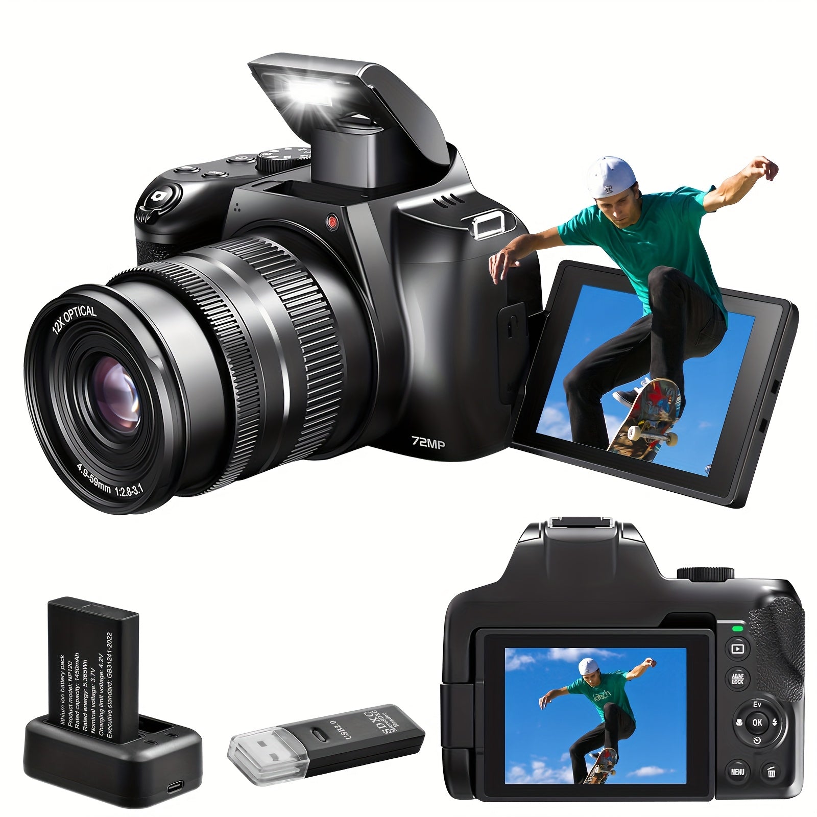 4K Digital Camera For Photography - 12X Optical Zoom 72MP Vlogging Camera For YouTube With 3" 180° Flip Screen, Autofocus Compact Camera With Battery, 64GB SD Card, USB Card Reader & Charging Stand - iBrightCS