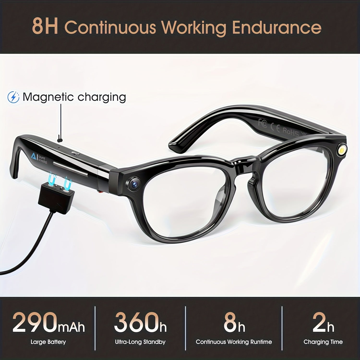 AI Video Smart Glasses, 8-megapixel High-definition Camera, AI Real-time Translation + 4K Video Recording + Action Camera + Wireless Call, Travel FPV Recording, Vlog Shooting - Christmas Gift