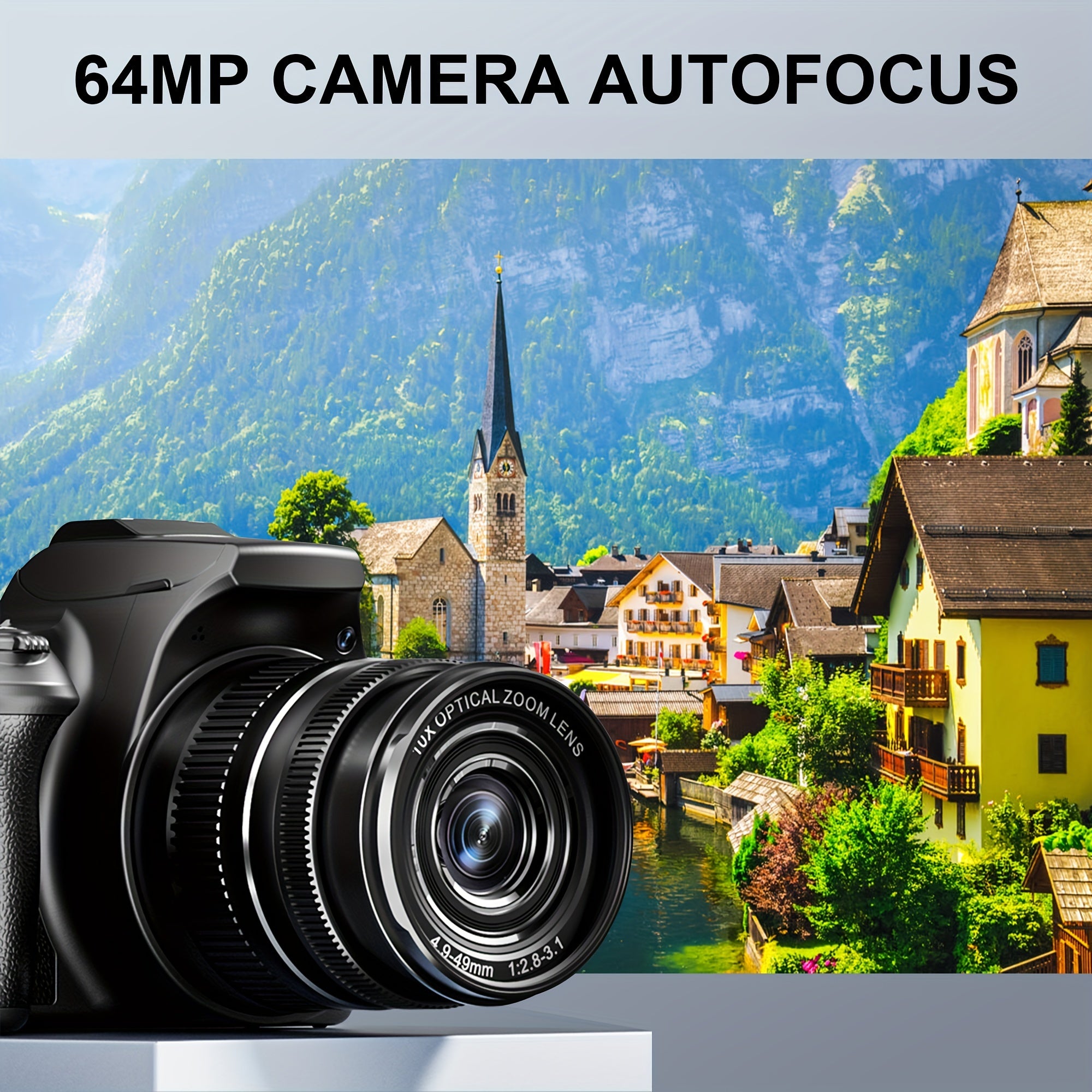 KOMERY W2 Digital Camera, 64MP and 10x Optical Zoom Autofocus Camera, Suitable for Photography and Video, 4K Video Blog Camera for YouTube, with Flash, WiFi Connection, 64GB SD Card, 2 Rechargeable Batteries, Dual Charger, Su - iBrightCS