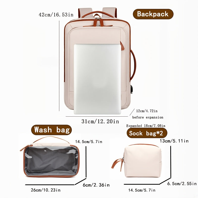 [Lightweight Backpack] Lightweight Expandable Large Capacity Backpack with Laptop Sleeve | Durable Oxford Travel & School Bag with Wet/Dry Compartment, Adjustable Straps, and Handheld Design - Beige with Brown Accents, School