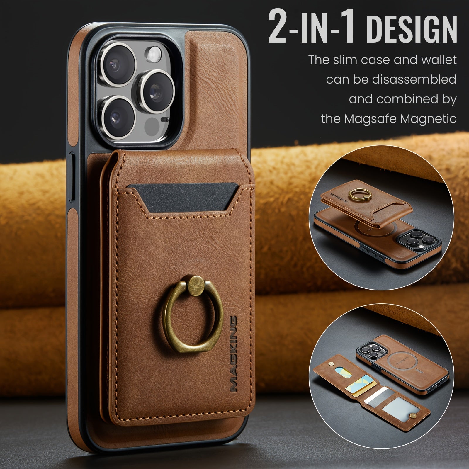 [1pc 2-In-1Phone Case] Detachable Phone Case Compatible with Wireless Charging Magnetic Card Slots Holder Wallet Kickstand Cover for iPhone 16/15/14/13/12 Pro Max Plus with RFID Blocking And Flexible Ring Camera Protective Ca - iBrightCS