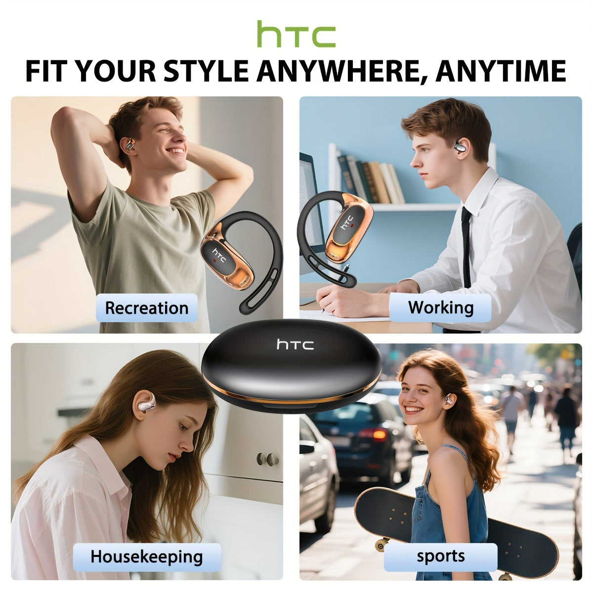 [AI Translation Earbuds] HTC NE35 AI Translation Earbuds | OWS Open-Ear Wireless Headphones, BT V6.0, Noise Reduction, 6.5H Battery, Big Speaker