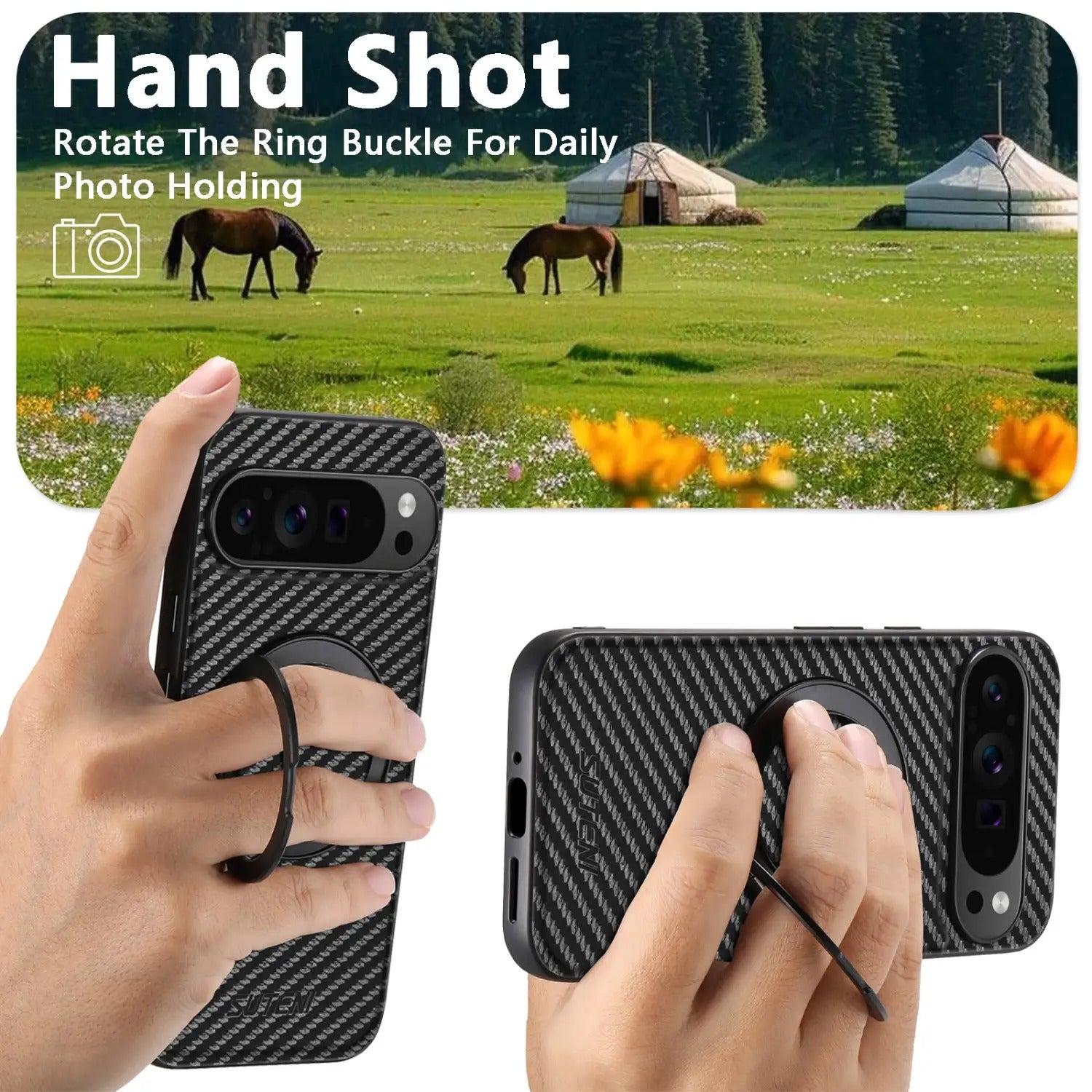 Luxurious Carbon Fiber Texture Design Faux Leather Phone Case, Suitable for Google Pixel 10 9 8 7 6 Pro XL, with 360 ° Rotating Folding Stand Compatible with Pixel 6A/7A/8a, Provides Shockproof and Drop-proof Protective Back