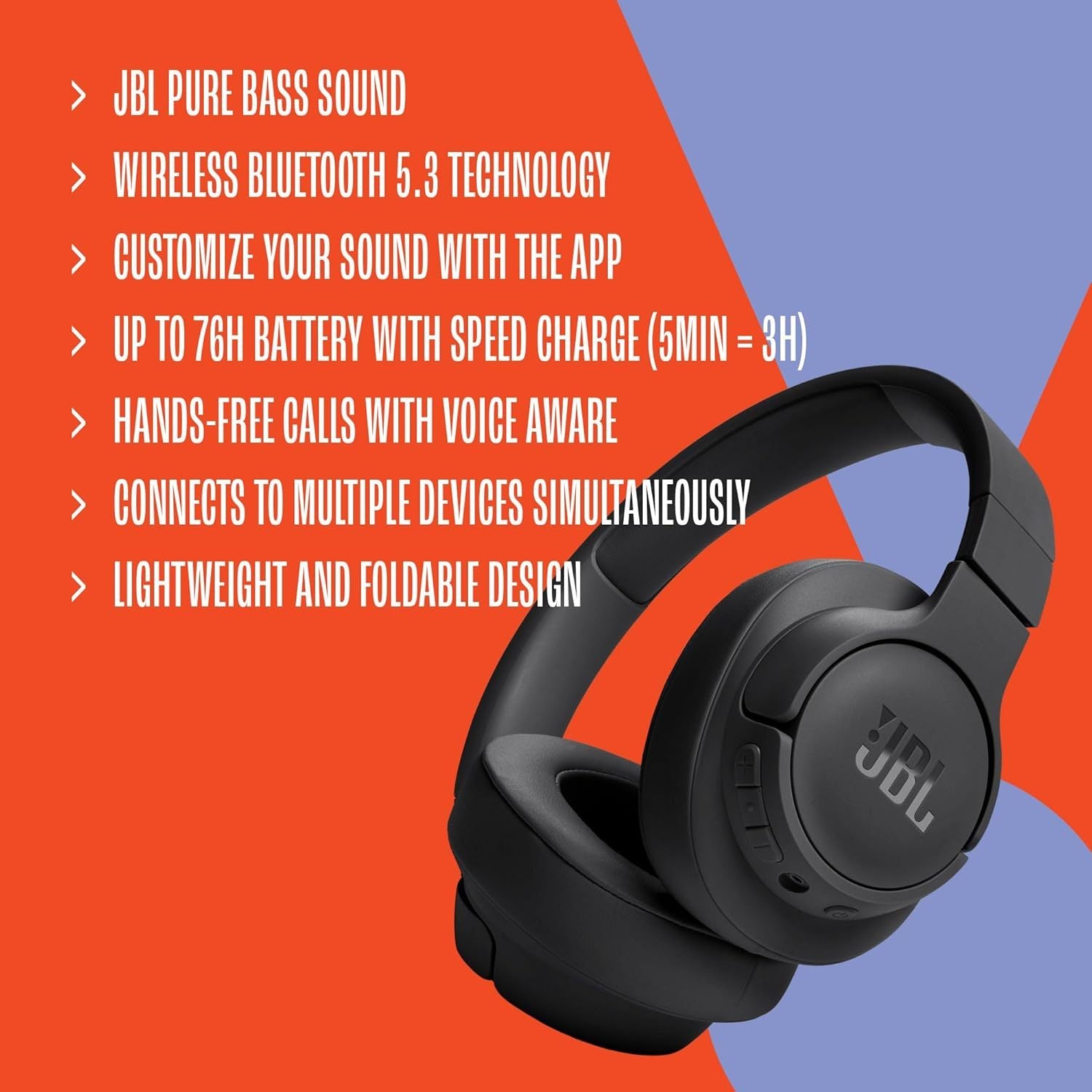JBL Tune 720BT Wireless Over-Ear Headphones with JBL Pure Bass, Bluetooth 5.3, Up to 76H Battery Life, Speed Charge, Lightweight, Comfortable, and Foldable Design