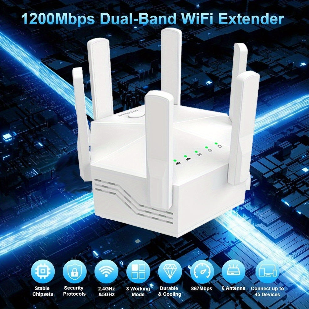 WiFi Extender Booster Repeater for Home & Outdoor, WiFi Range Extender 1200Mbps, WPS Wireless Signal Strong Penetrability with Ethernet Port, 6 Antennas 360° Full Coverage - iBrightCS