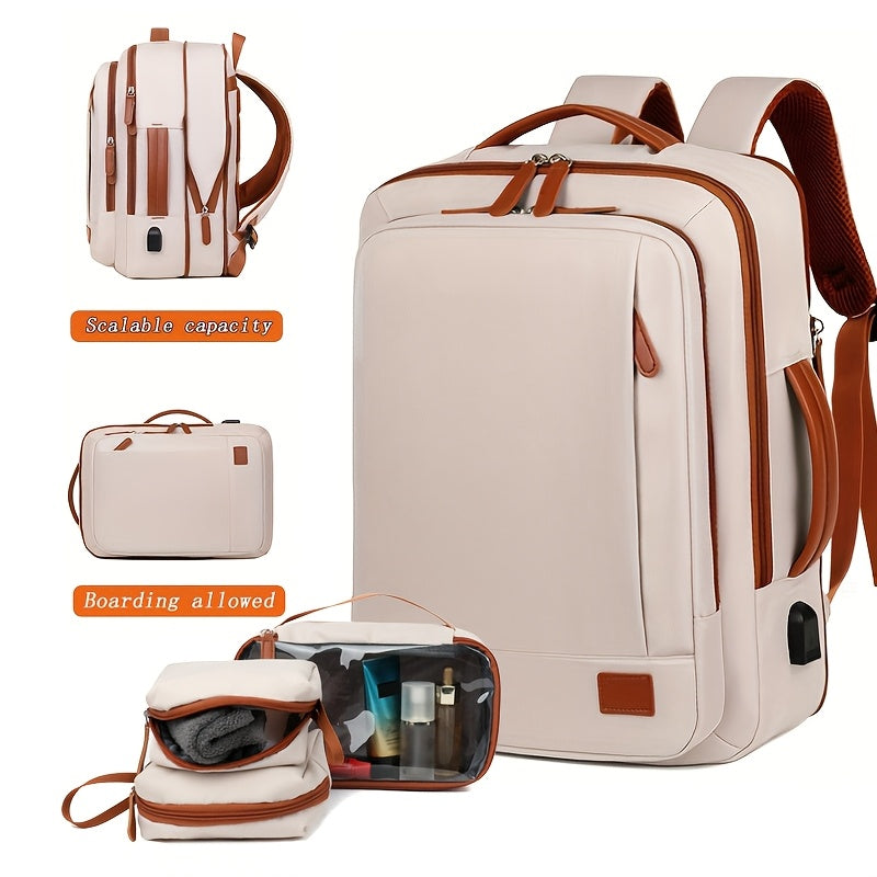 [Lightweight Backpack] Lightweight Expandable Large Capacity Backpack with Laptop Sleeve | Durable Oxford Travel & School Bag with Wet/Dry Compartment, Adjustable Straps, and Handheld Design - Beige with Brown Accents, School