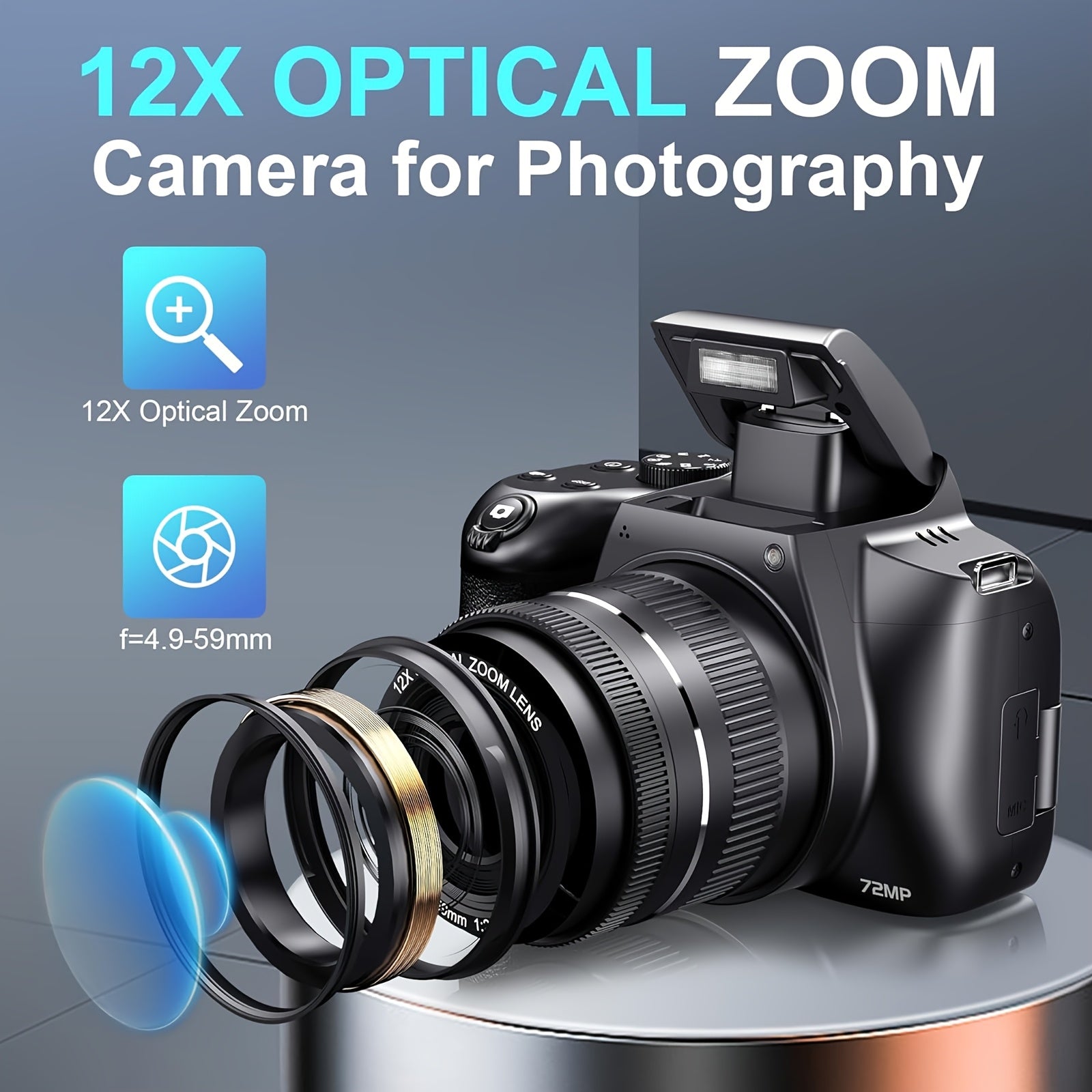 Cameras for Photography, 12X Optical Zoom 4K Digital Camera, 72MP Vlogging Camera with 270° Flip Screen, Battery, Battery Charger, 64GB SD Card, Card Reader - iBrightCS