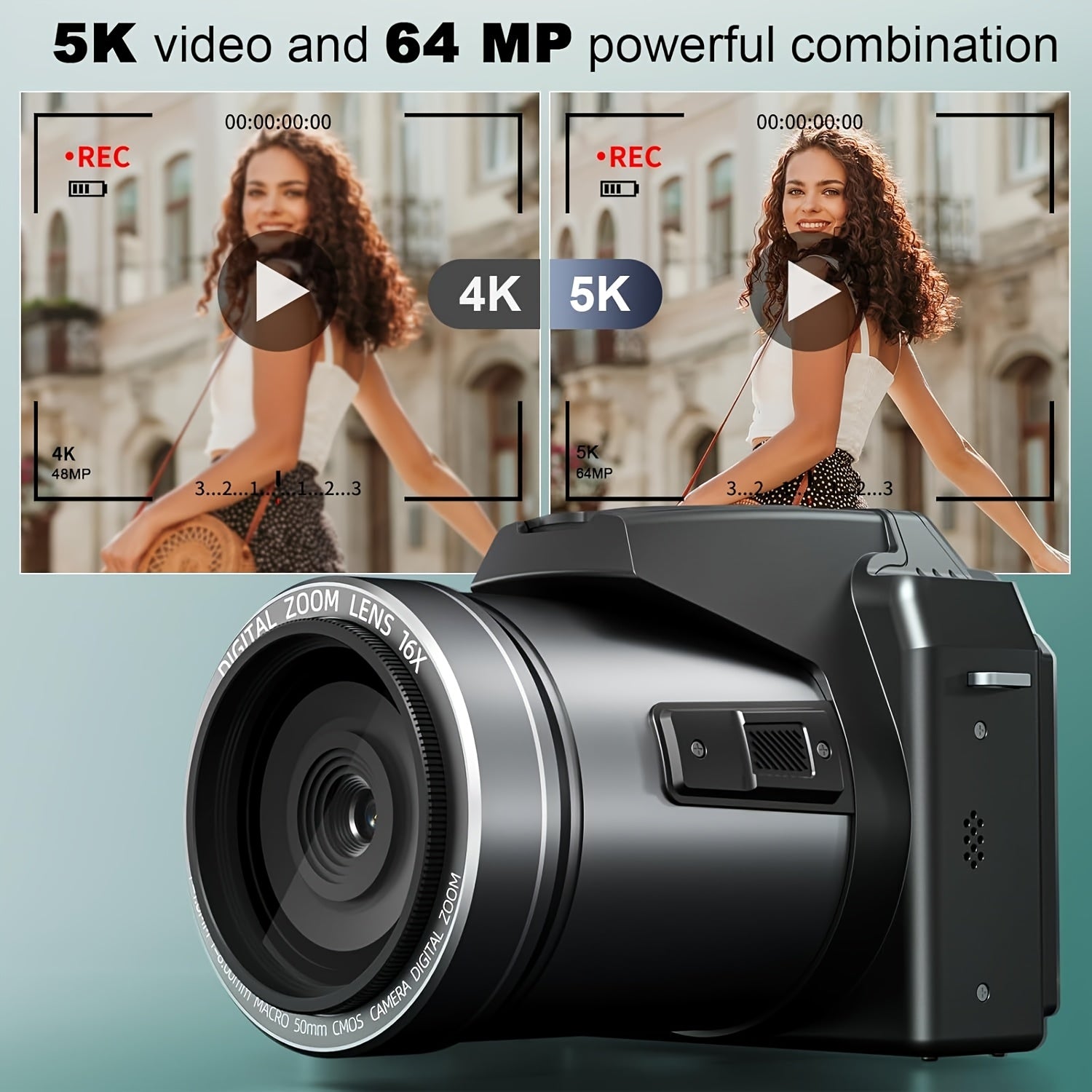 NBD 64MP Digital Camera for Photography, 5K Vlogging Camera for YouTube with 3" Flip Screen, 16X Digital Zoom, Autofocus, 2 Batteries, 32GB TF Card(S205, Black) - iBrightCS