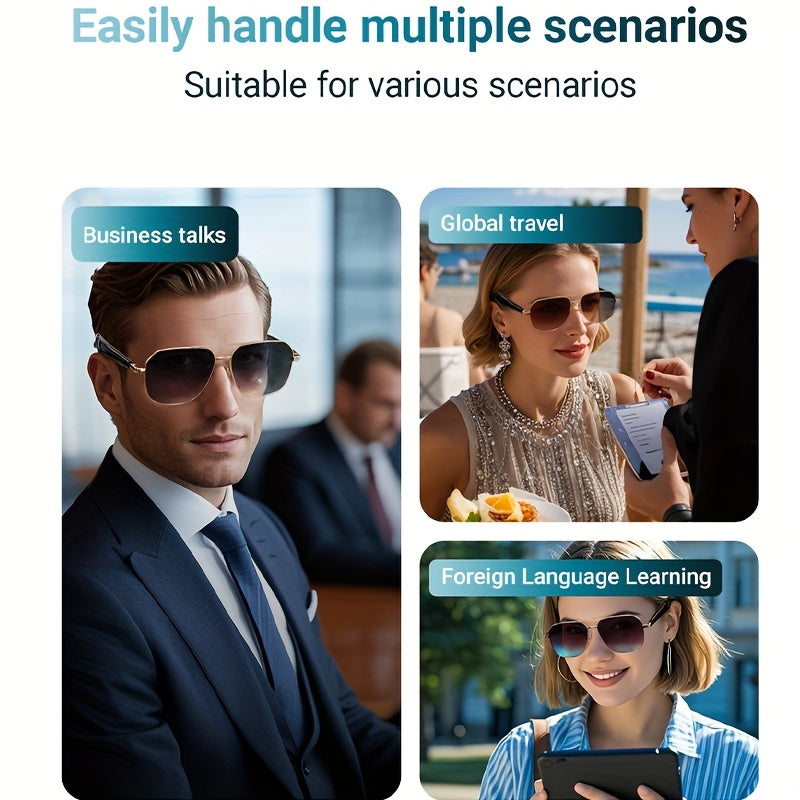 2025 AI Translation Glasses with 100+ Languages Support, Wireless Wireless, Built-in Mic/Speaker, HD Voice & Music, AI Voice Control, Photo Taking, Blue Light Protection, USB Magnetic Charging, Dual Spatial Audio – Stylish