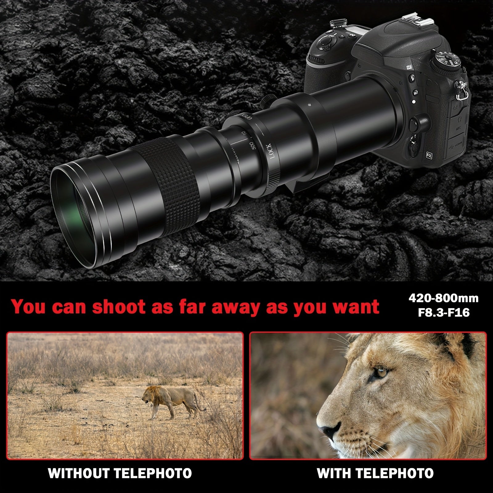 Lightdow 420-800mm f/8.3 Manual Zoom Super Telephoto Lens + T-Mount for Canon Nikon Sony Cameras
