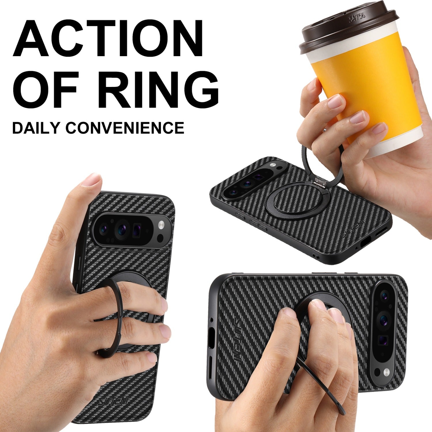 Luxurious Carbon Fiber Texture Design Faux Leather Phone Case, Suitable for Google Pixel 10 9 8 7 6 Pro XL, with 360 ° Rotating Folding Stand Compatible with Pixel 6A/7A/8a, Provides Shockproof and Drop-proof Protective Back